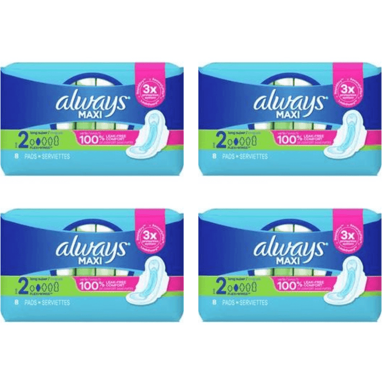 Always Maxi Pads Unscented With Wings, Size 2, 8 Pads - Pack of 4 (32 Total)