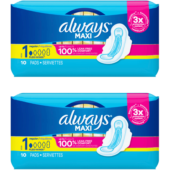 Always Maxi Regular Pads With Wings, Size 1, Unscented, 10 Pads (Pack of 2)