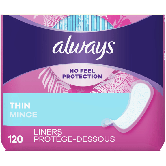 Always  No Feel Protection Thin Mince  Liners Regular (6packs) of 20 liners= 120ct