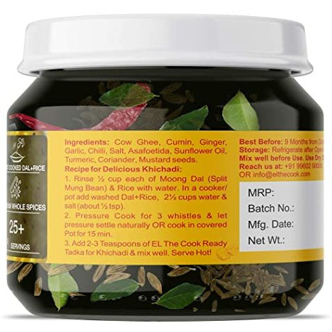 EL The Cook Ready-to-Use Ghee Tadka(CONCENRATED Whole Spice Tempering) for Kitchari, Indian Lentils Seasoning, Super Saver Jar Pack, 6.34oz, Vegetarian, Gluten-Free (Flavor Dal Kitchari)