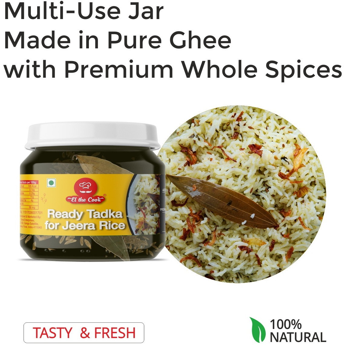 EL The Cook Ready-to-Use Ghee Tadka(CONCENRATED Whole Spice Tempering) for Jeera/Cumin Rice, Indian Rice Seasoning, Super Saver Jar Pack, 6.34oz, Vegetarian, Gluten-Free (Flavor Jeera Rice)