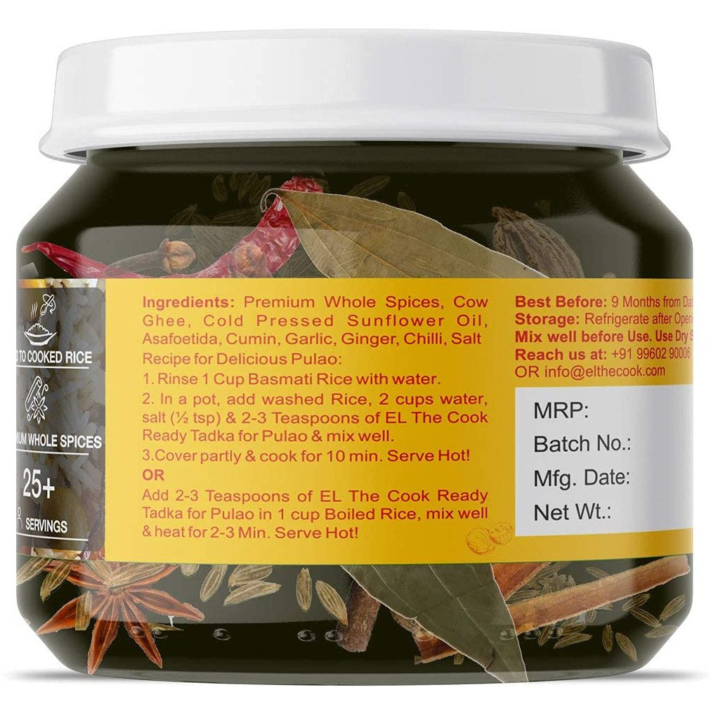 EL The Cook Ready-to-Use Ghee Tadka(CONCENRATED Whole Spice Tempering) for Pulao, Indian Rice Seasoning, Super Saver Jar Pack, 6.34oz, Vegetarian, Gluten-Free (Flavor Pulao Rice)
