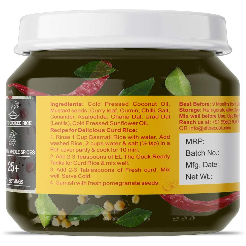 EL The Cook Ready-to-Use Tadka(CONCENRATED  Whole Spice Tempering) for Curd Rice, Indian Rice Seasoning, Super Saver Jar Pack, 6.34oz, Vegan, Gluten-Free (Flavor Curd Rice)