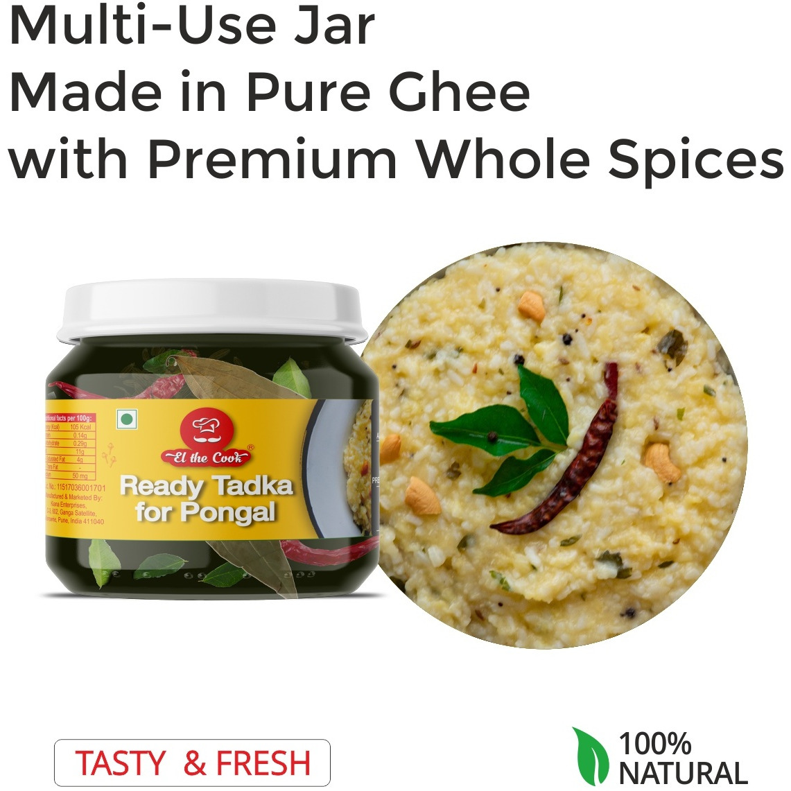 EL The Cook Ready-to-Use Ghee Tadka(CONCENRATED Whole Spice Tempering) for Pongal (South Indian Kitchari), Indian Lentils Seasoning, Super Saver Jar Pack, 6.34oz, Vegetarian, Gluten-Free (Flavor: South Indian Pongal)