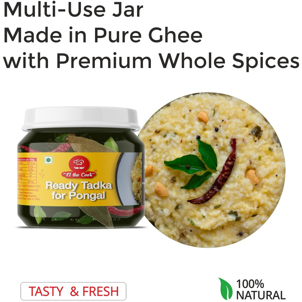 EL The Cook Ready-to-Use Ghee Tadka(CONCENRATED Whole Spice Tempering) for Pongal (South Indian Kitchari), Indian Lentils Seasoning, Super Saver Jar Pack, 6.34oz, Vegetarian, Gluten-Free (Flavor South Indian Pongal)