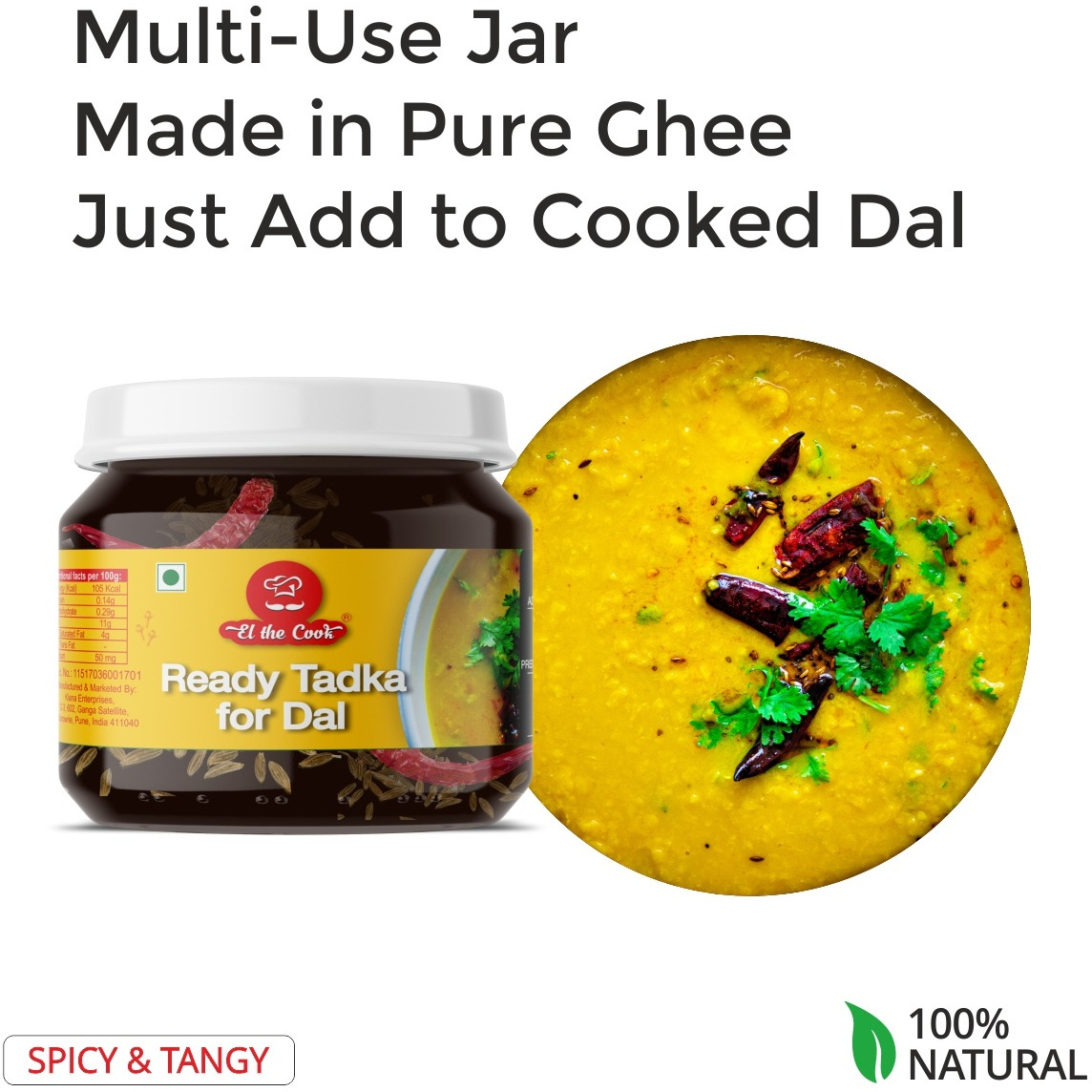 EL The Cook Ready-to-Use Ghee Tadka(CONCENRATED Whole Spice Tempering) for Dal, Indian Lentils Seasoning, Super Saver Jar Pack, 6.34oz, Vegetarian, Gluten-Free (Flavor Dal Tadka)
