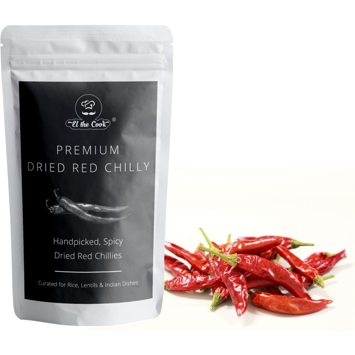EL The Cook Whole Dried Red Chili Peppers | Spicy Hot Chilli | Natural, Vegan, No Colors, Gluten Free, NON-GMO | Resealable Bag, Sun-Dried | Ideal for Asian, Thai, Indian, Mexican | 7oz (2 x 100gm) (Flavor Spicy Red Chilly)