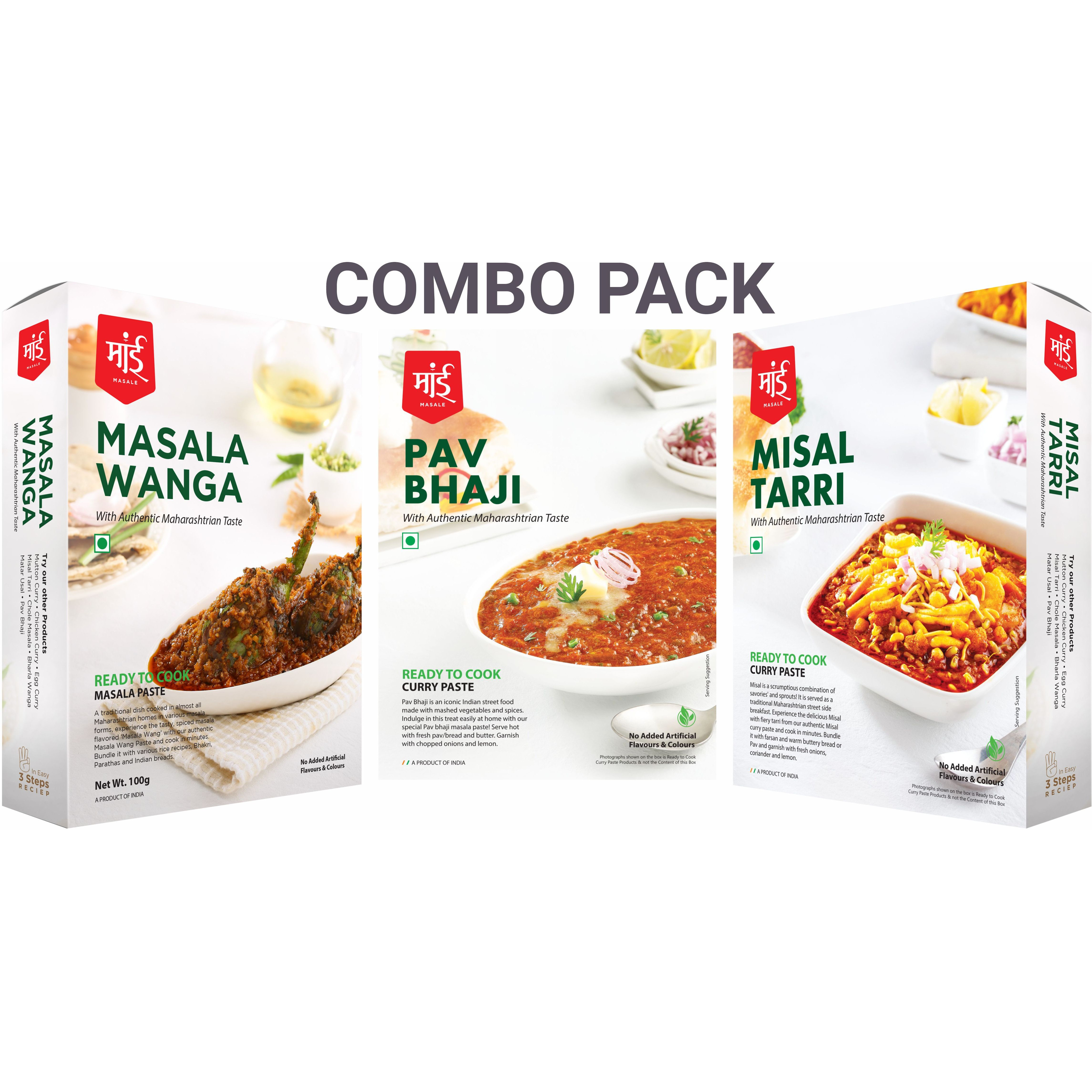 Maai Masale Ready to Cook Masala Wanga, Pav bhaji & Misal Tarri Curry Paste, Easy to Make Veg- Pack of 3