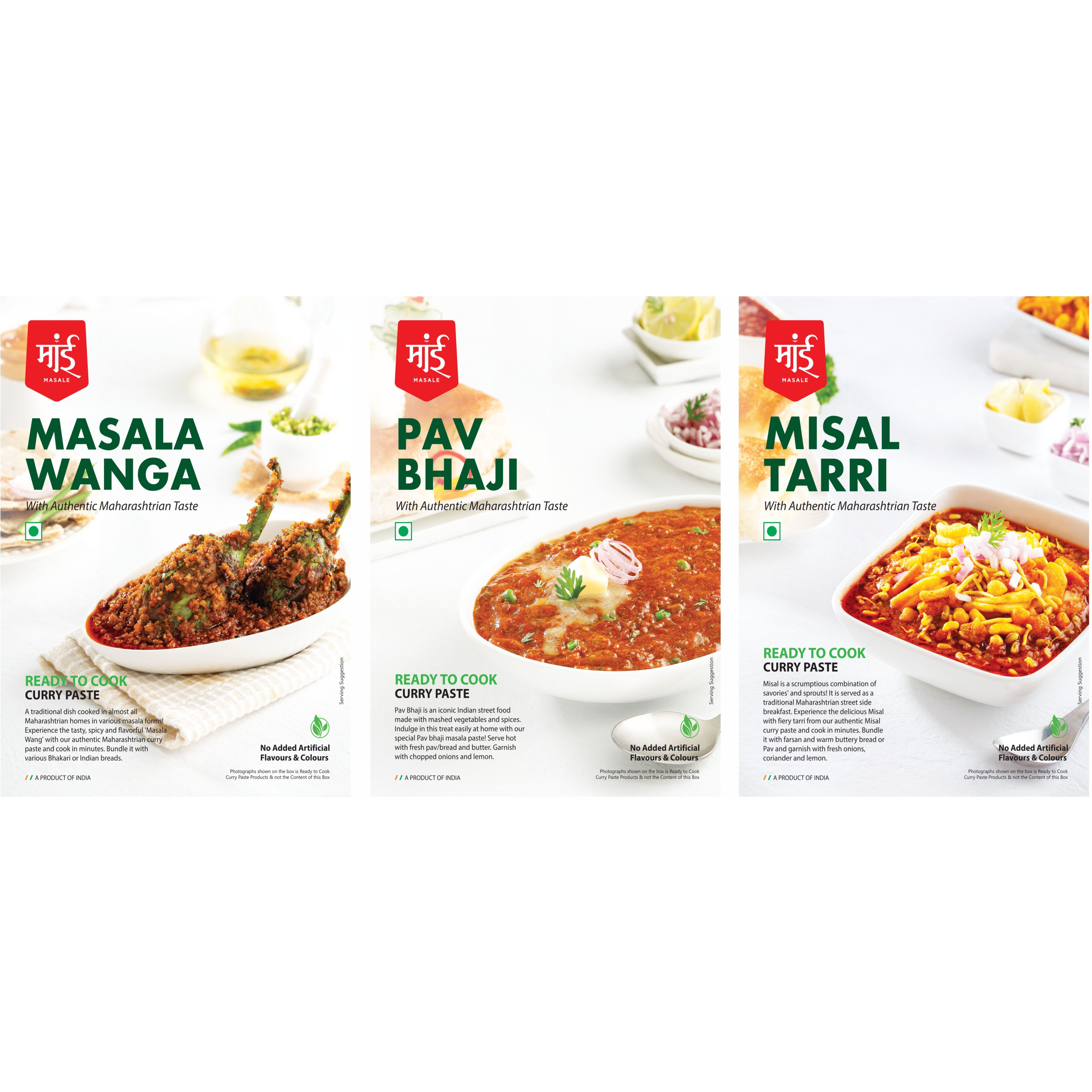 Maai Masale Ready to Cook Masala Wanga, Pav bhaji & Misal Tarri Curry Paste, Easy to Make Veg- Pack of 3