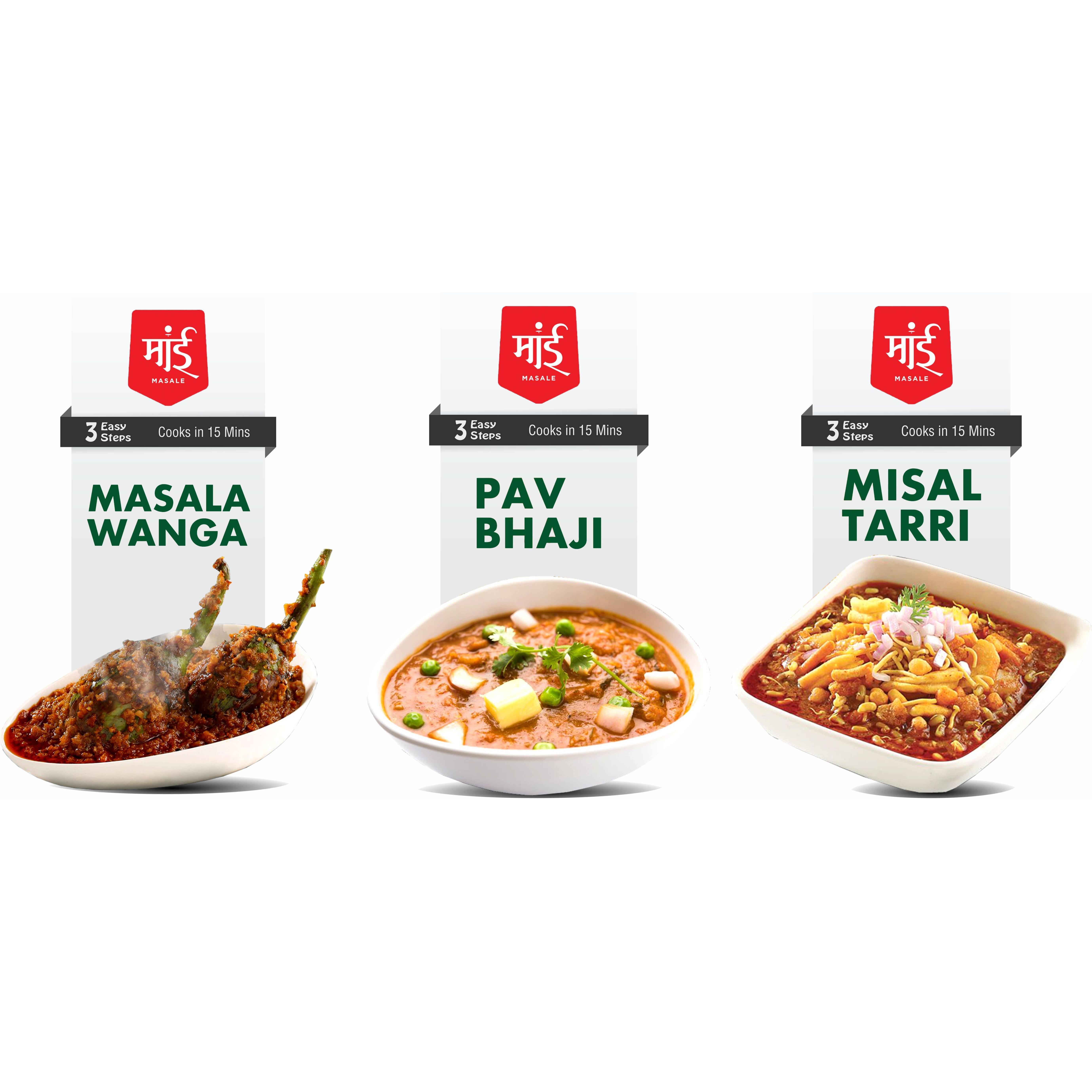 Maai Masale Ready to Cook Masala Wanga, Pav bhaji & Misal Tarri Curry Paste, Easy to Make Veg- Pack of 3