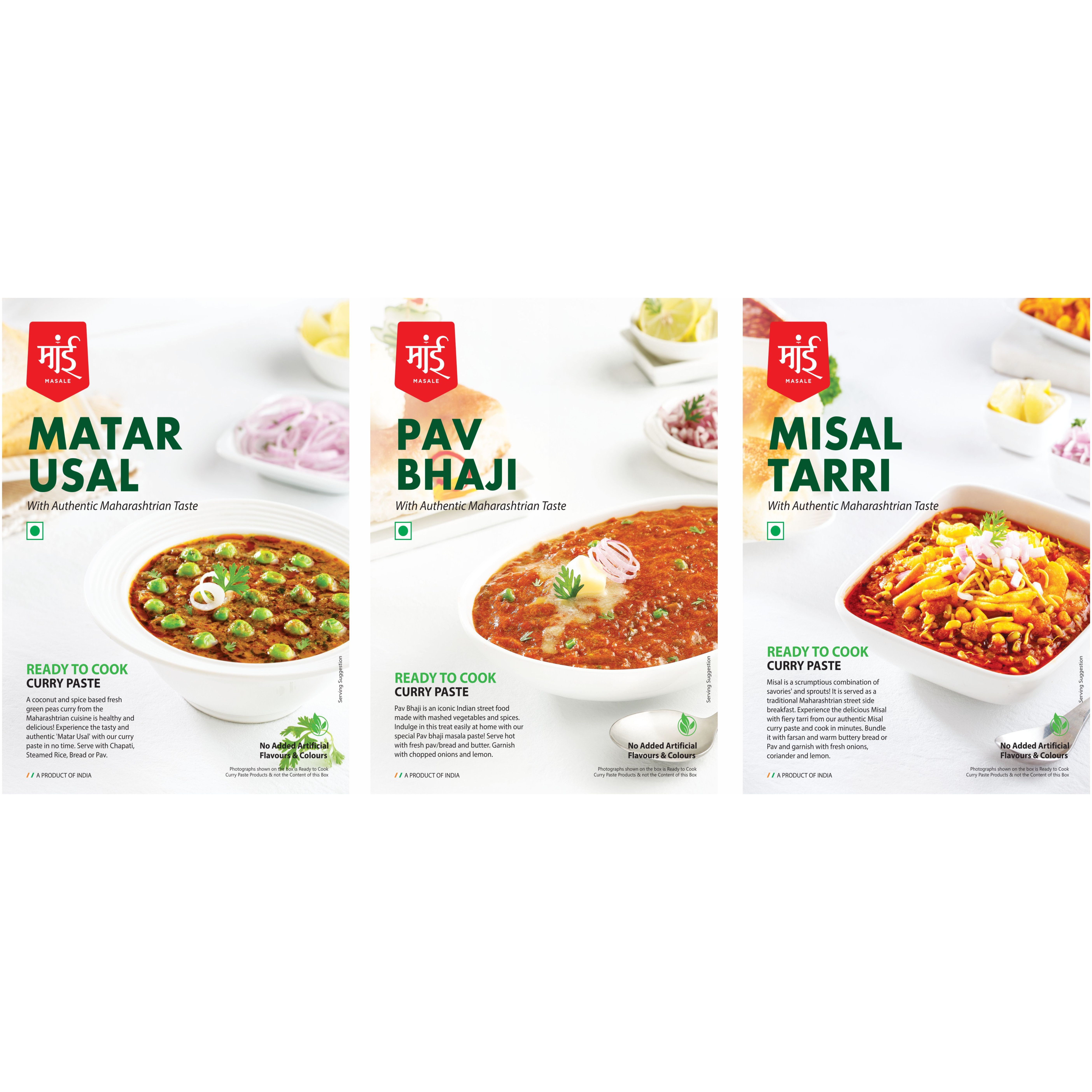 Maai Masale Ready to Cook Matar Usal, Pav bhaji & Misal Tarri Curry Paste Easy to Make Veg- Pack of 3