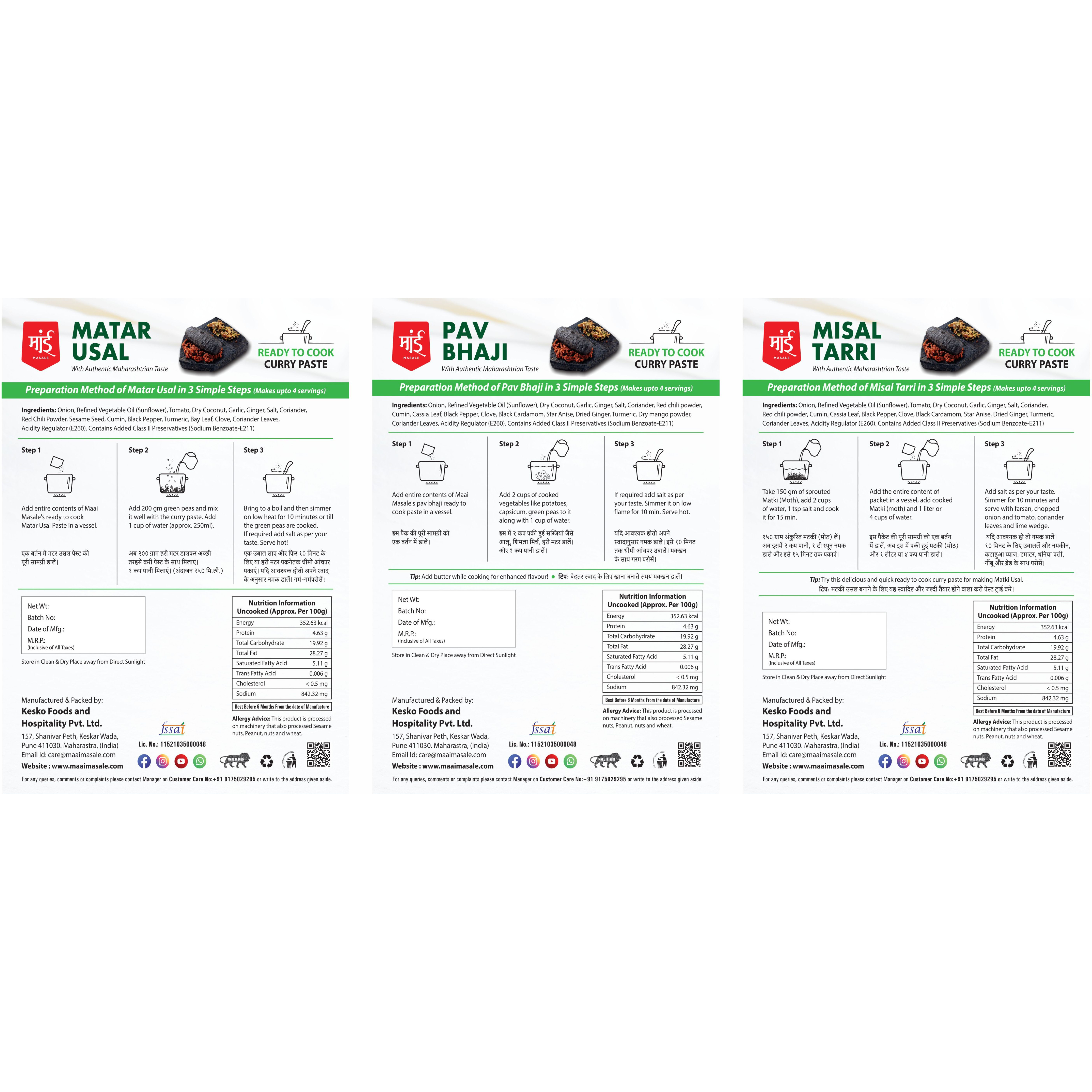 Maai Masale Ready to Cook Matar Usal, Pav bhaji & Misal Tarri Curry Paste Easy to Make Veg- Pack of 3