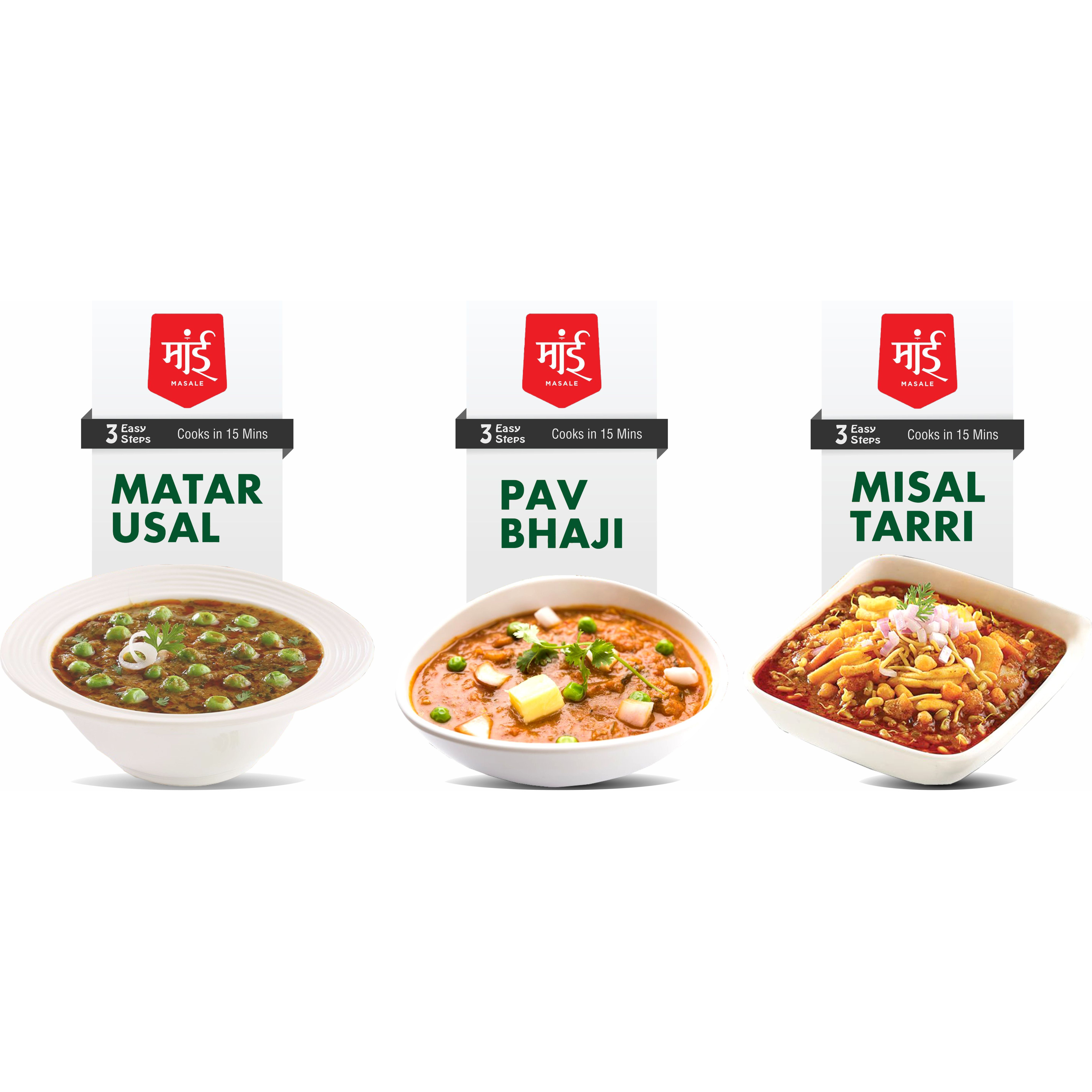 Maai Masale Ready to Cook Matar Usal, Pav bhaji & Misal Tarri Curry Paste Easy to Make Veg- Pack of 3