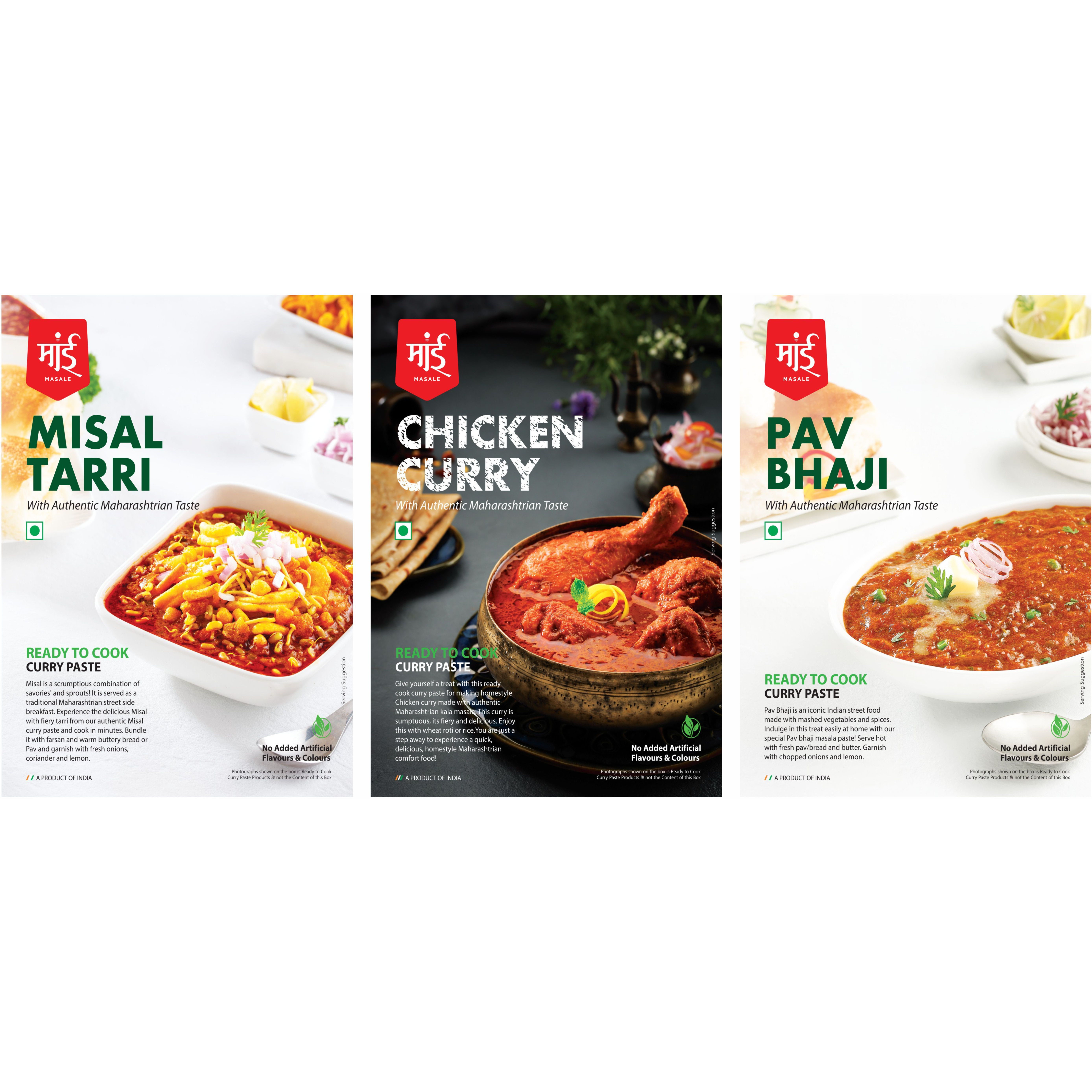 Maai Masale Ready to Cook Misal Tarri, Chicken Masala & Pav bhaji Curry Paste, Easy to Cook Mix Pack of 3