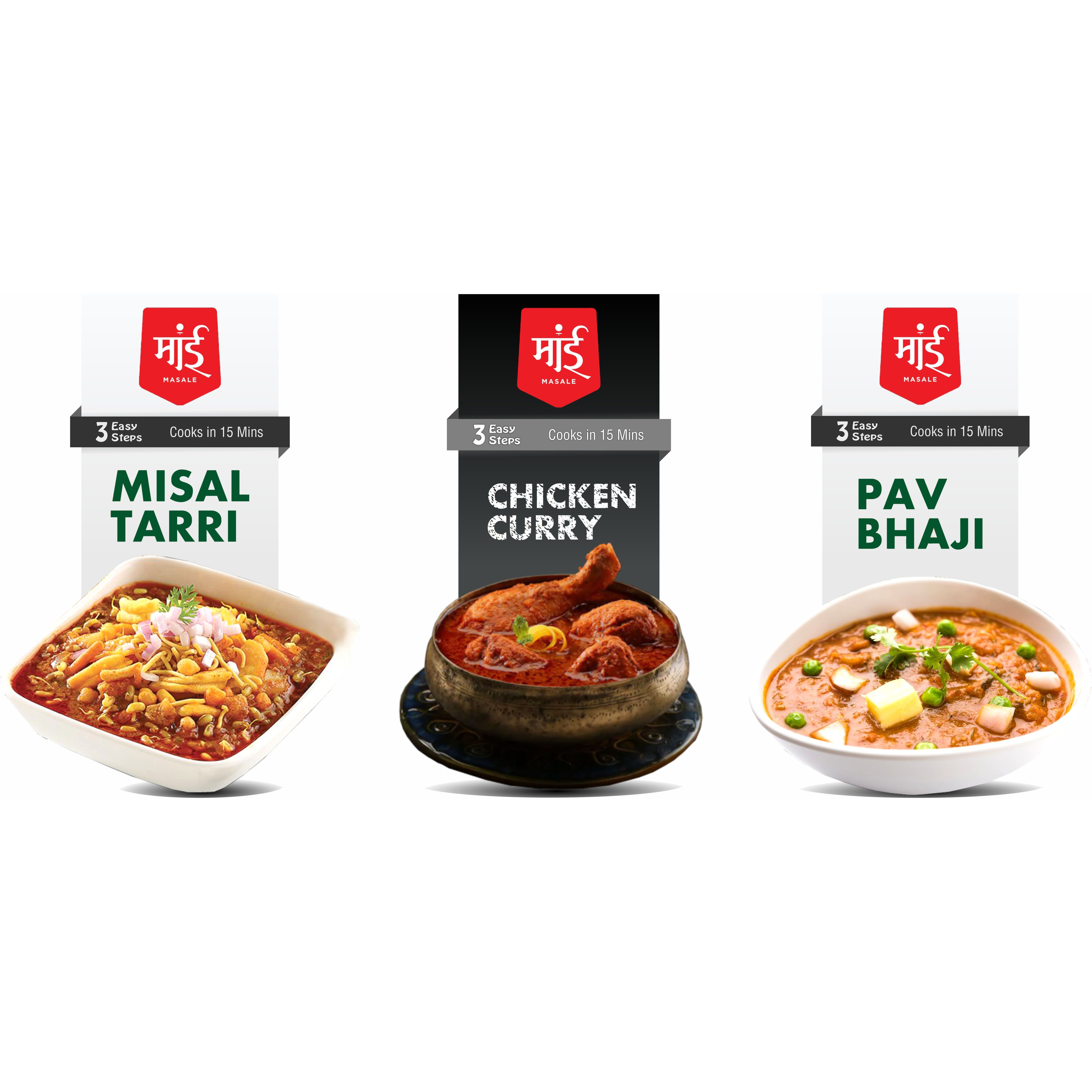 Maai Masale Ready to Cook Misal Tarri, Chicken Masala & Pav bhaji Curry Paste, Easy to Cook Mix Pack of 3