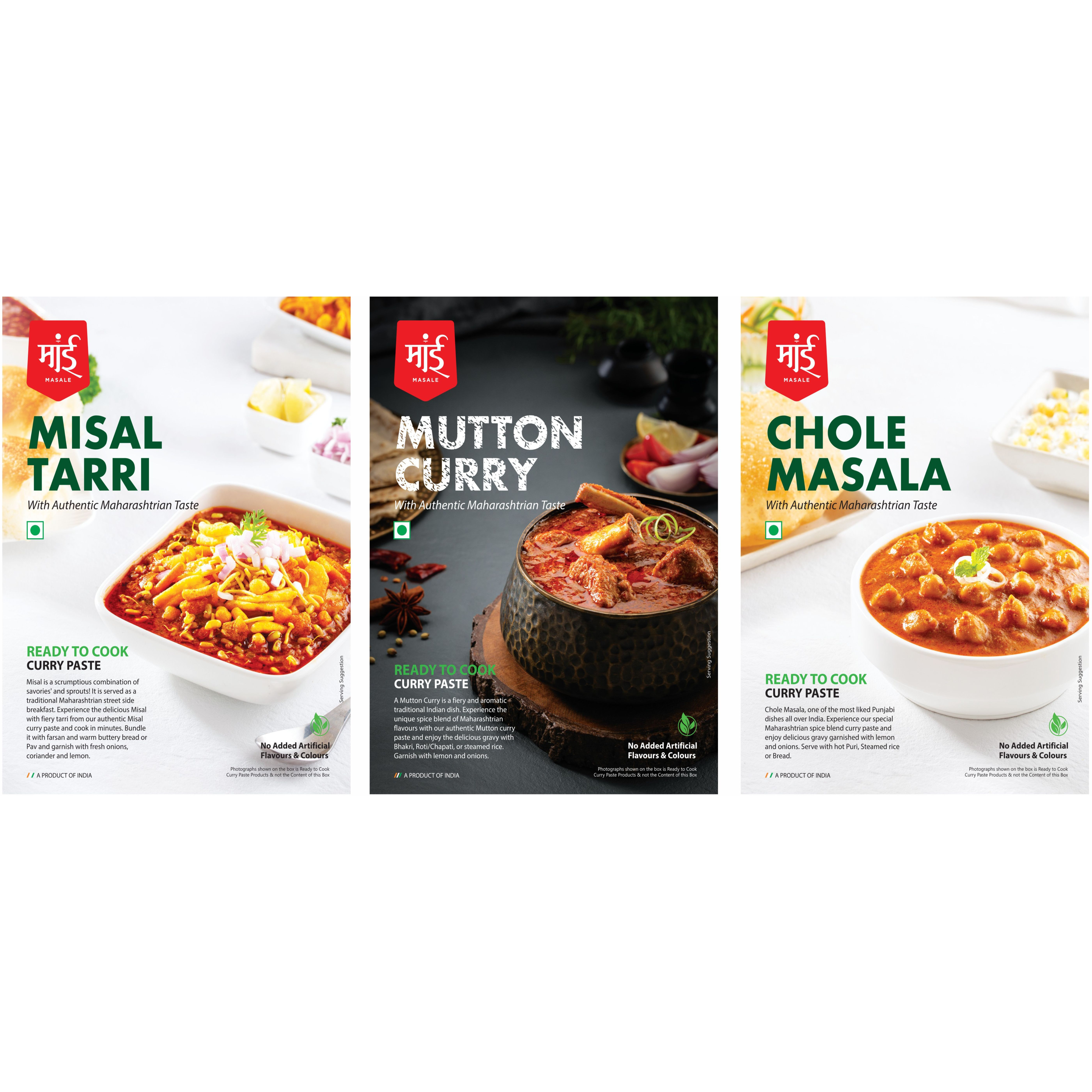 Maai Masale Ready to Cook Misal Tarri, Mutton Masala & Chole Curry Paste, Easy to Cook Mix Pack of 3 (80gm Each)