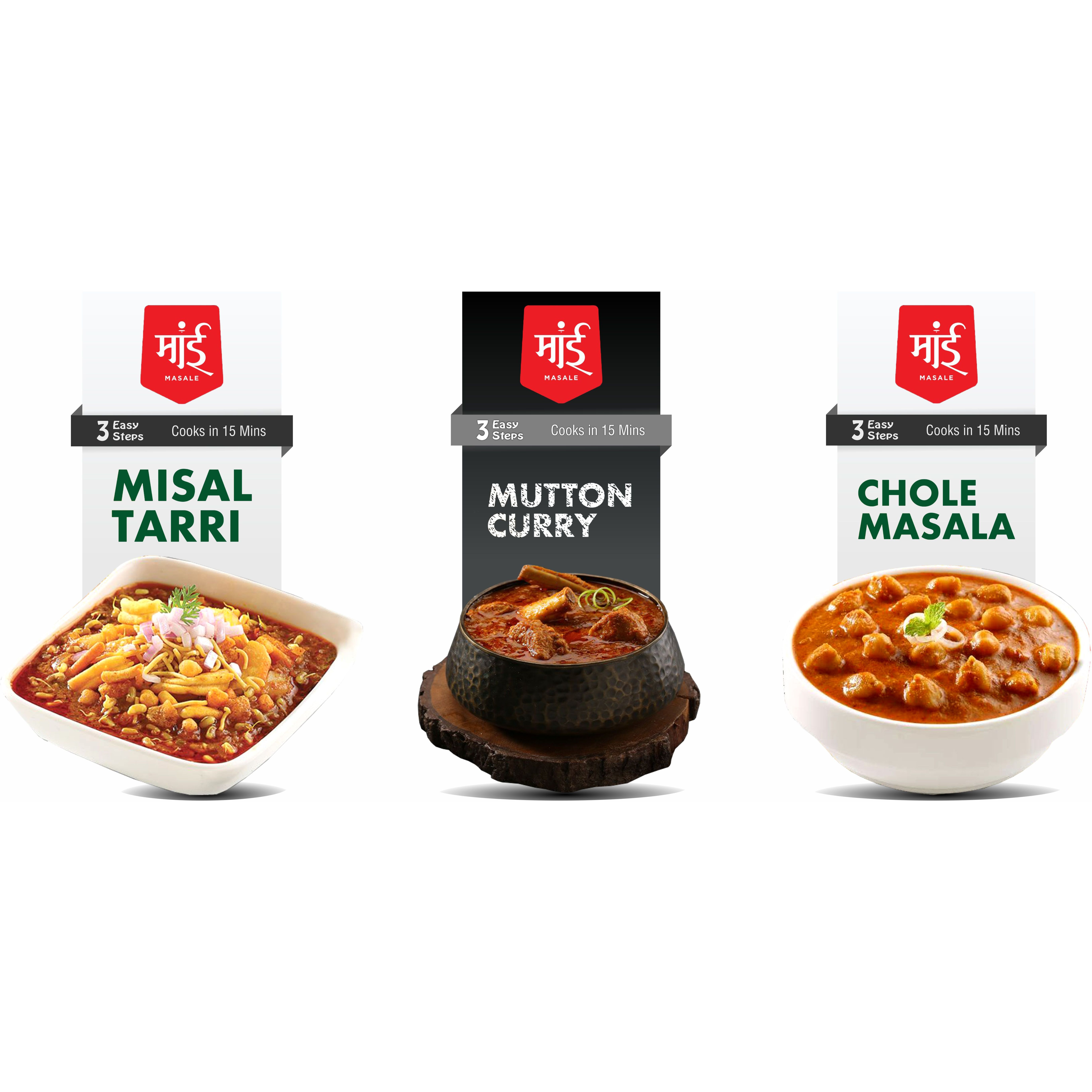 Maai Masale Ready to Cook Misal Tarri, Mutton Masala & Chole Curry Paste, Easy to Cook Mix Pack of 3 (80gm Each)