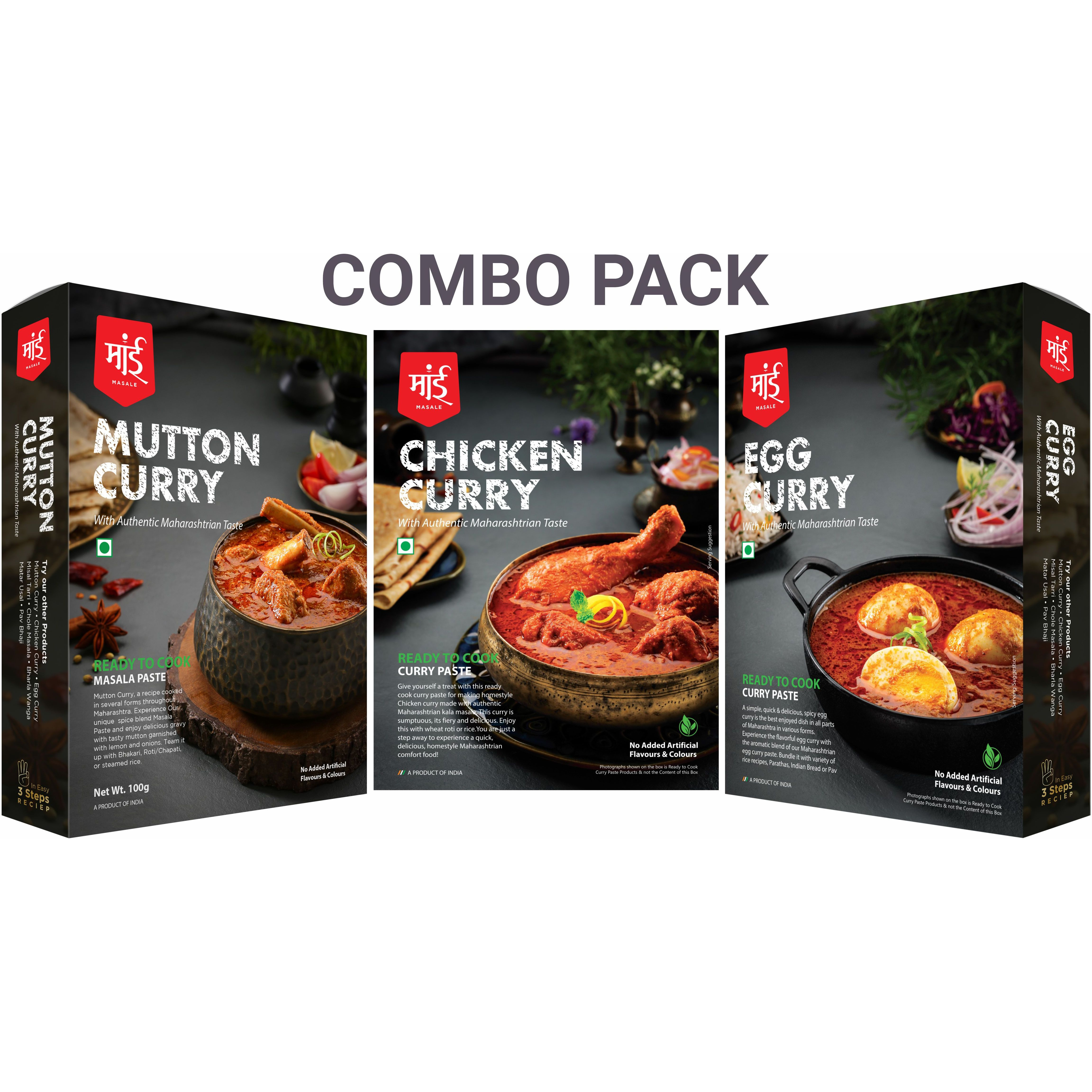 Maai Masale Ready to Cook Mutton, Chicken and Egg Curry Paste Easy to Make, All Non Veg -Pack of 3 (80gm Each)