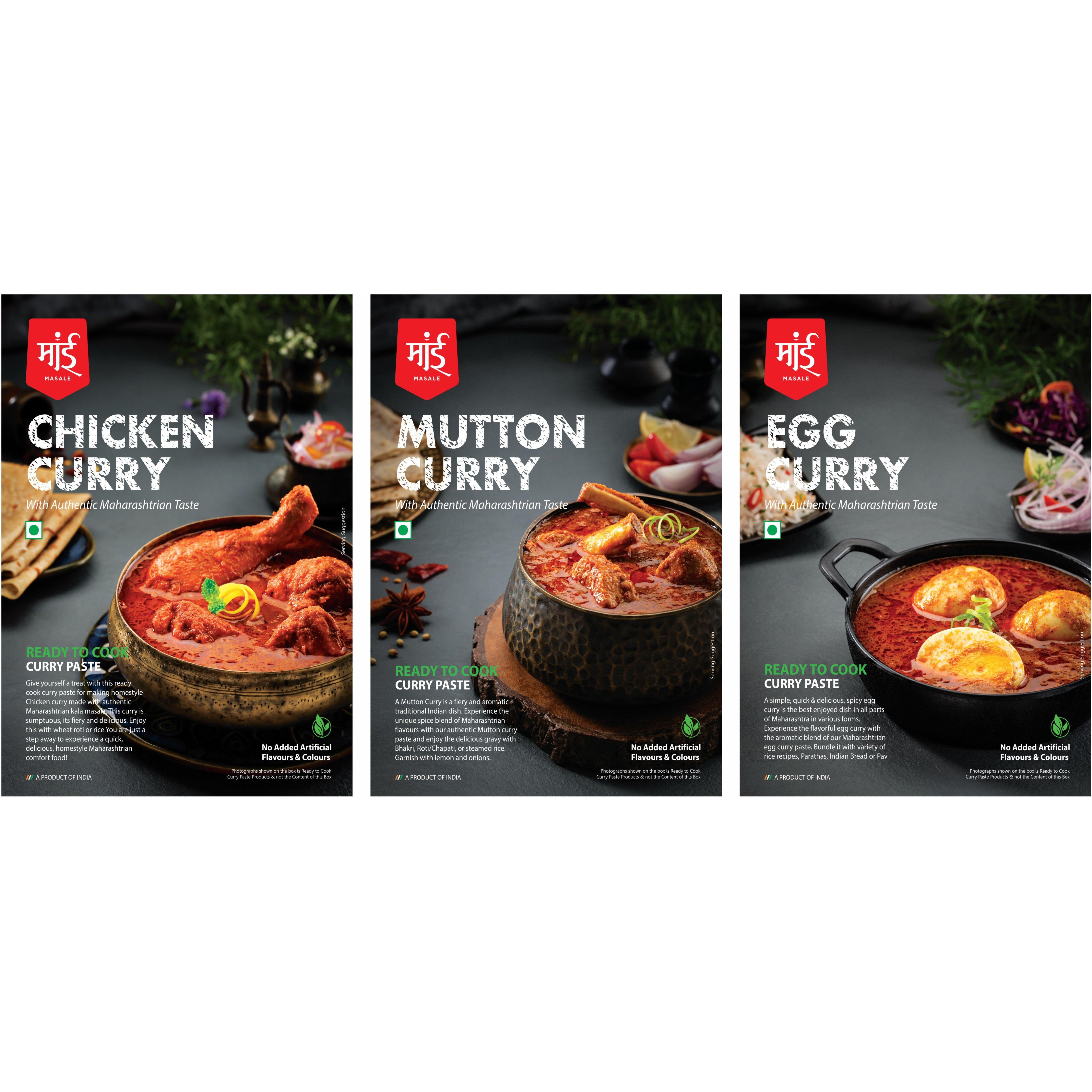 Maai Masale Ready to Cook Mutton, Chicken and Egg Curry Paste Easy to Make, All Non Veg -Pack of 3 (80gm Each)