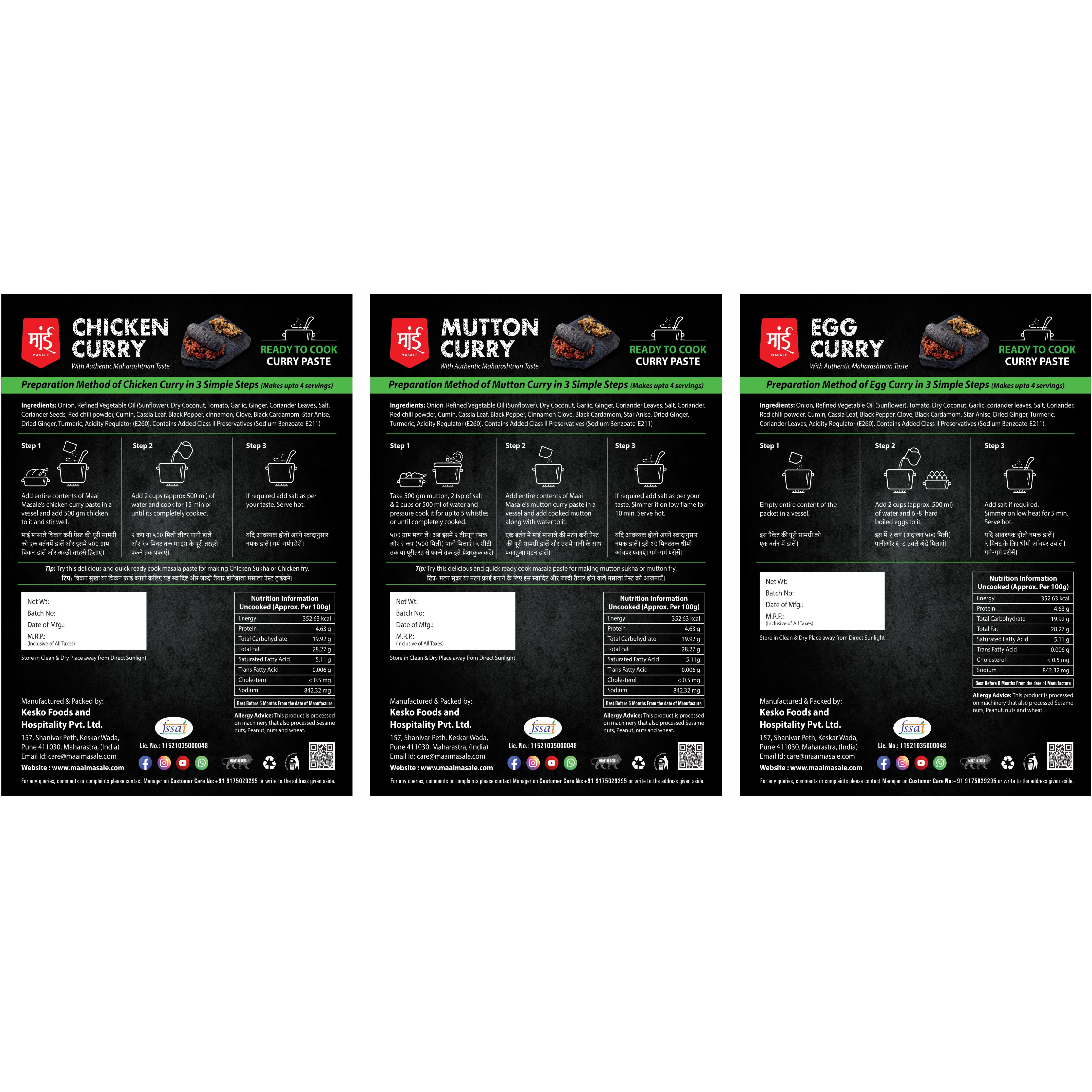 Maai Masale Ready to Cook Mutton, Chicken and Egg Curry Paste Easy to Make, All Non Veg -Pack of 3 (80gm Each)