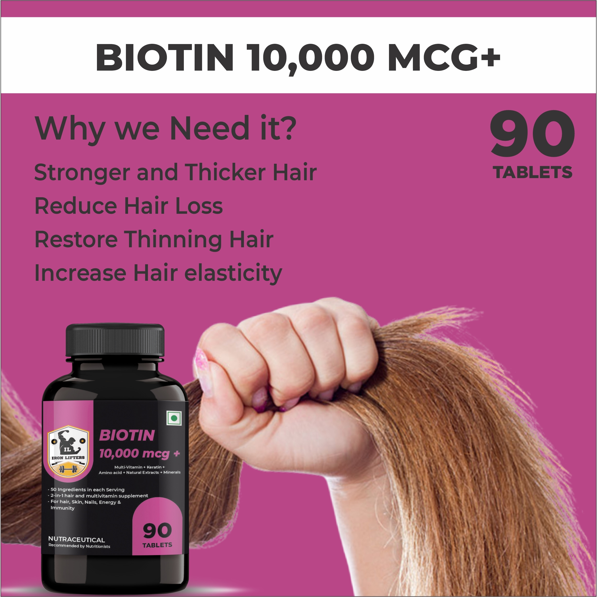 IRON LIFTERS Biotin Supplement for Hair Growth & Healthy Glowing Skin & Nails