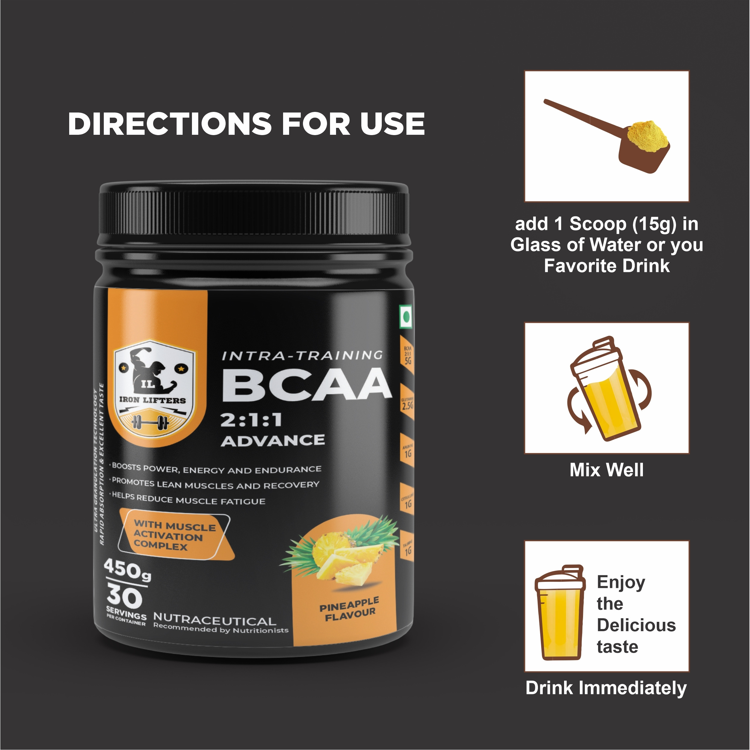 IRON LIFTERS BCAA Advance Supplement For Boost Energy (Pineapple, 450 gm) (Flavor Pineapple)
