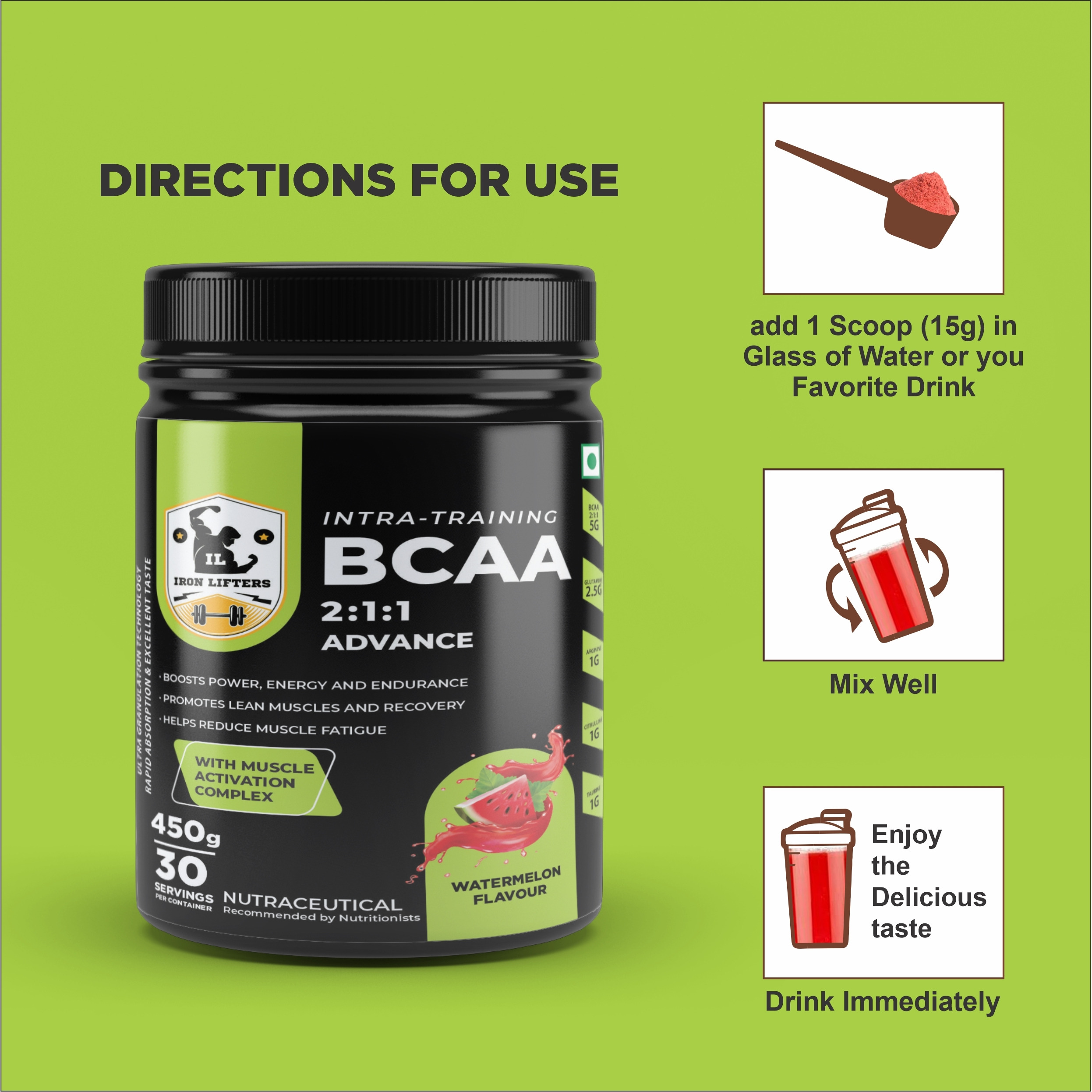 IRON LIFTERS BCAA Advance Supplement For Boost Energy (450 gm, Watermelon) (Flavor Watermelon)