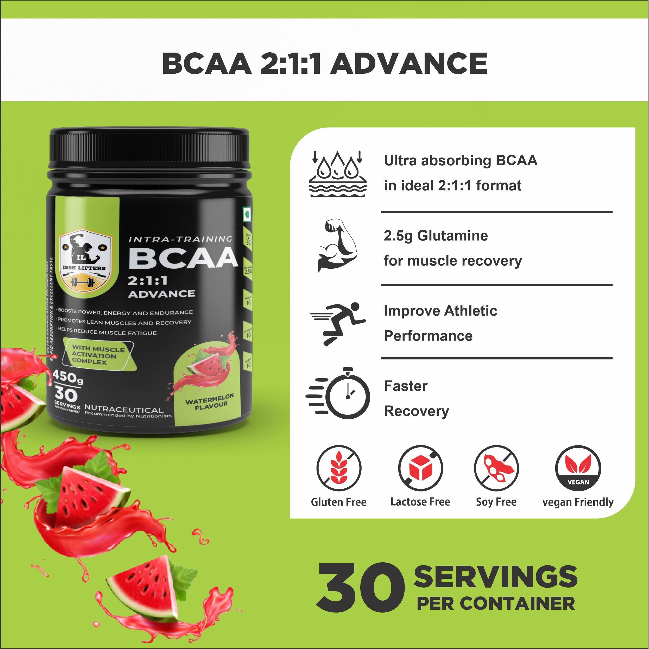 IRON LIFTERS BCAA Advance Supplement For Boost Energy (450 gm, Watermelon) (Flavor Watermelon)