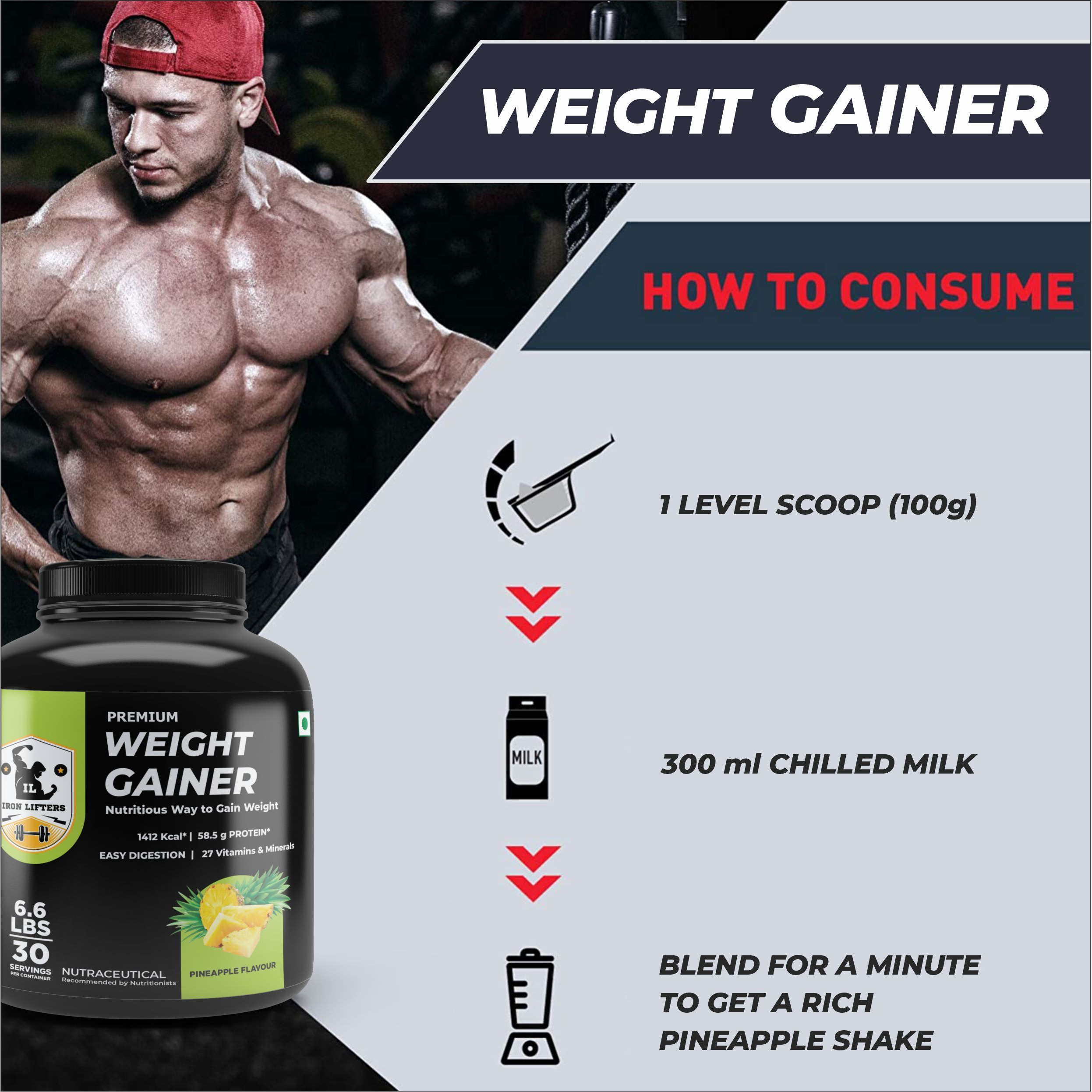 IRON LIFTERS Premium Weight Gainer Nutritional Supplement (2.2 LBS, 998 GM, Pineapple Flavor) (Size 2.2 LBS)