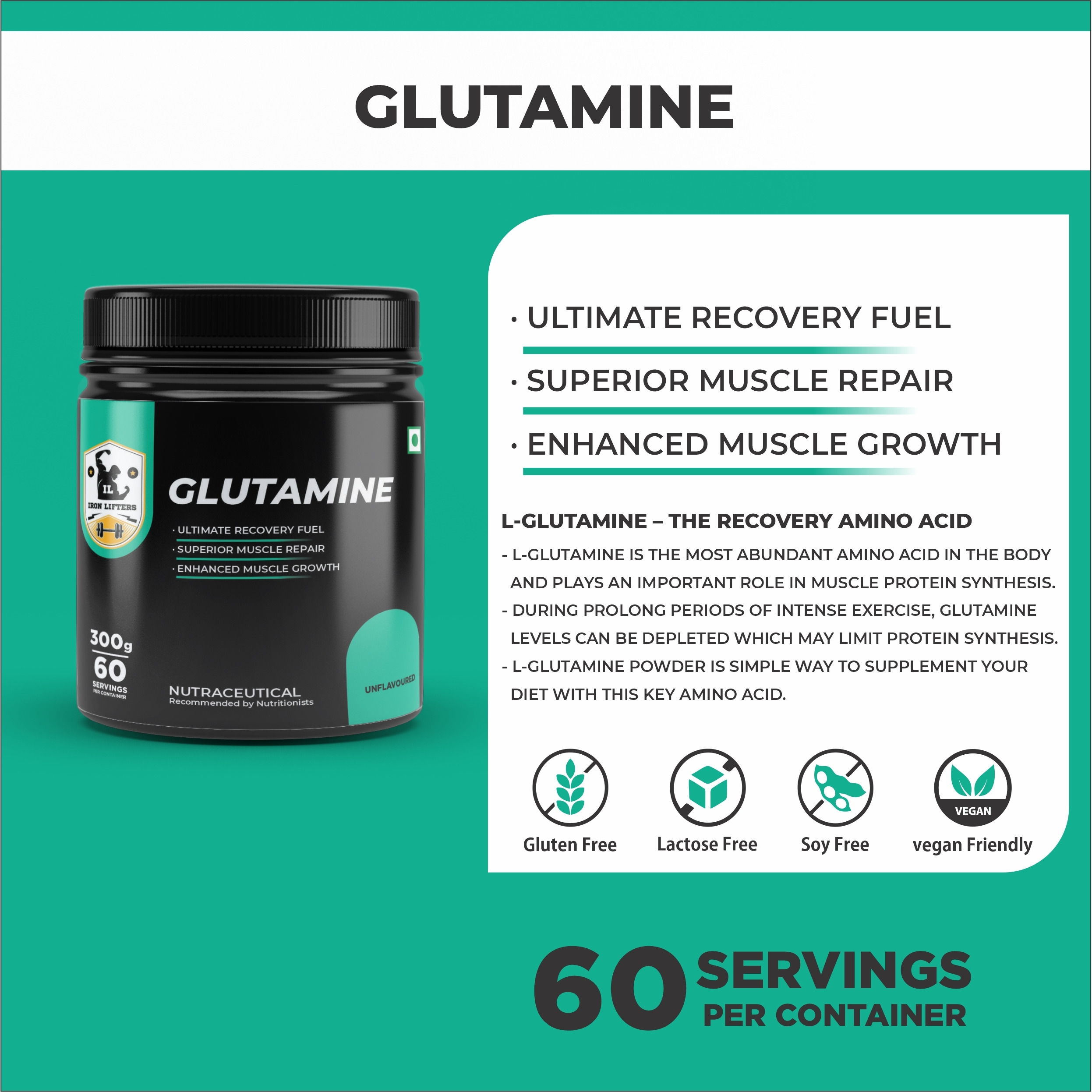 IRON LIFTERS GLUTAMINE Nutrition Powder 60 Servings 3000MG for Superior Muscle Growth