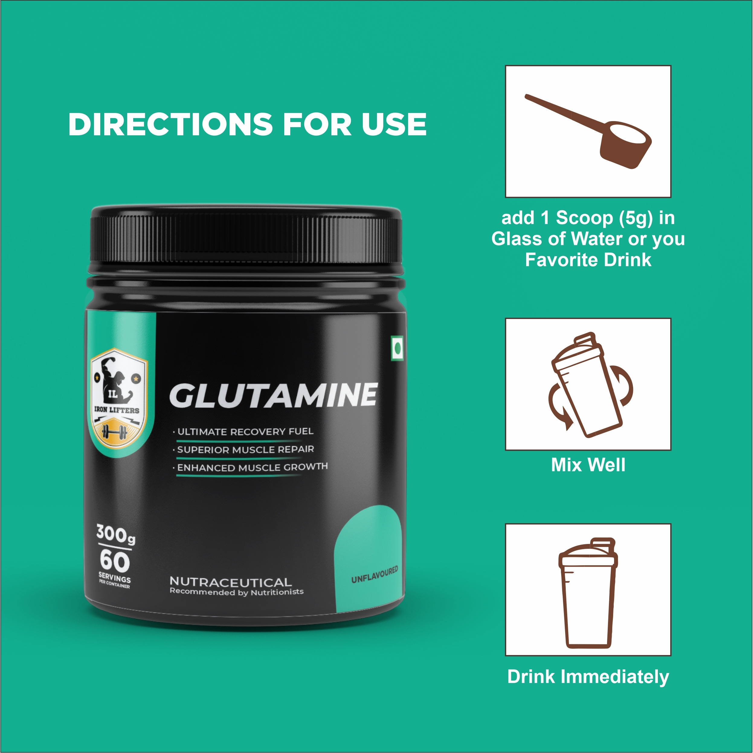 IRON LIFTERS GLUTAMINE Nutrition Powder 60 Servings 3000MG for Superior Muscle Growth