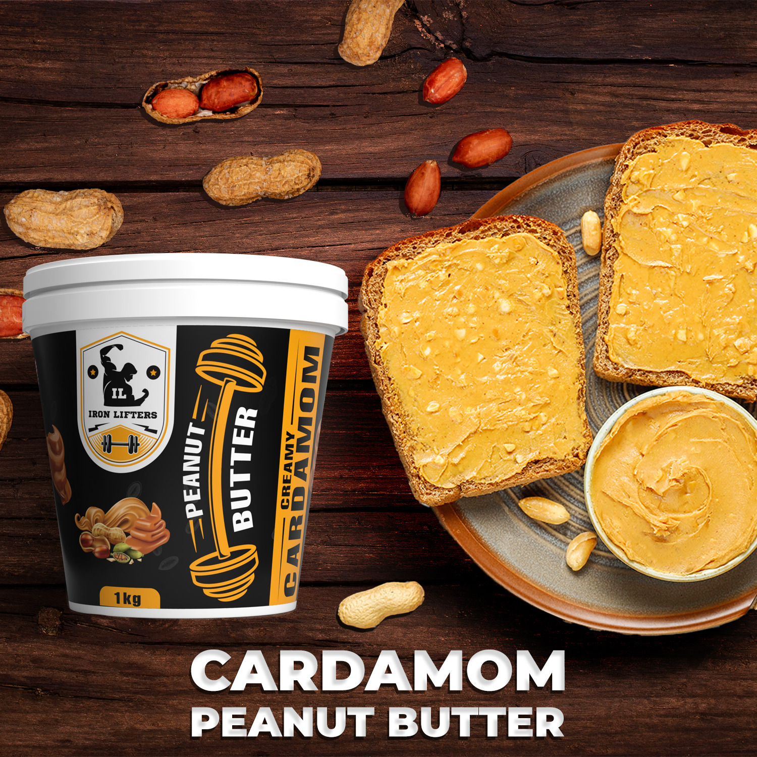 IRON LIFTERS High Protein Roasted Peanuts Butter Super Creamy with Cardamom Sweeten Flavor | No Added Sugar, Salt, or Hydrogenated Oils | 1  KG (Flavor Cardamom Creamy 1kg, Size 1 Kg)