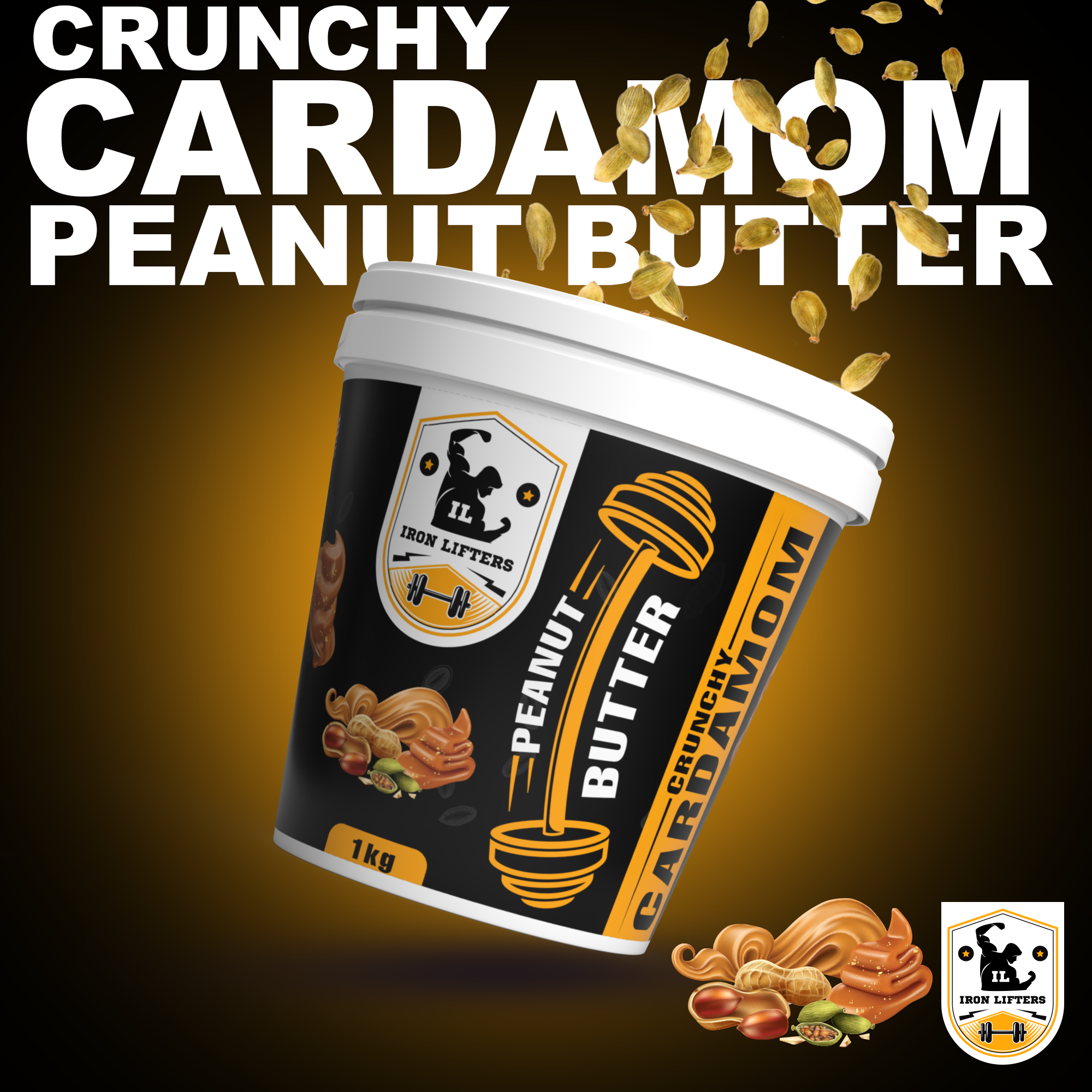 IRON LIFTERS High Protein Roasted Peanuts Butter Super Crunchy with Cardamom Sweetened Flavor | No Added Sugar, Salt, or Hydrogenated Oils | 1  KG (Size 1 Kg, Flavor Cardamom Crunchy 1 kg)