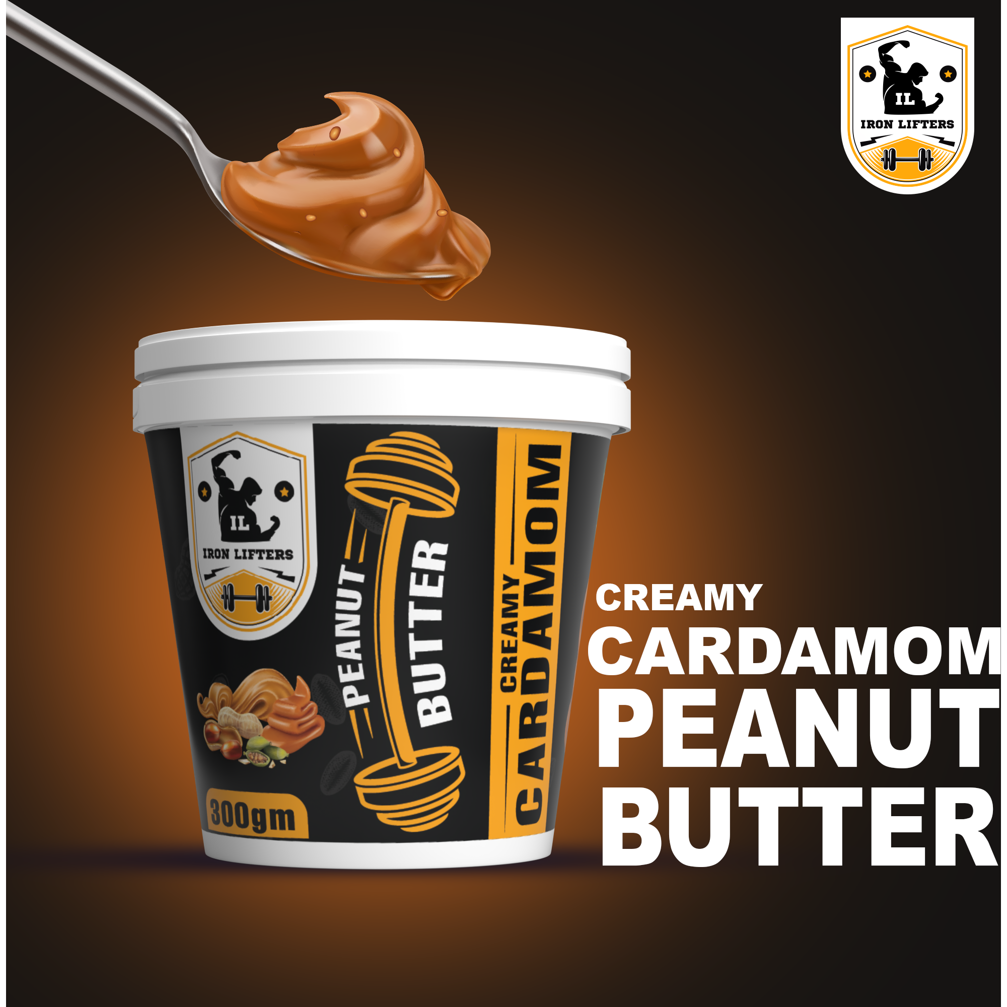 IRON LIFTERS High Protein Roasted Peanuts Butter Super Creamy with Cardamom Sweeten Flavor | No Added Sugar, Salt, or Hydrogenated Oils | 300 gm (Size 300 gm, Flavor Cardamom Creamy 300 gm)