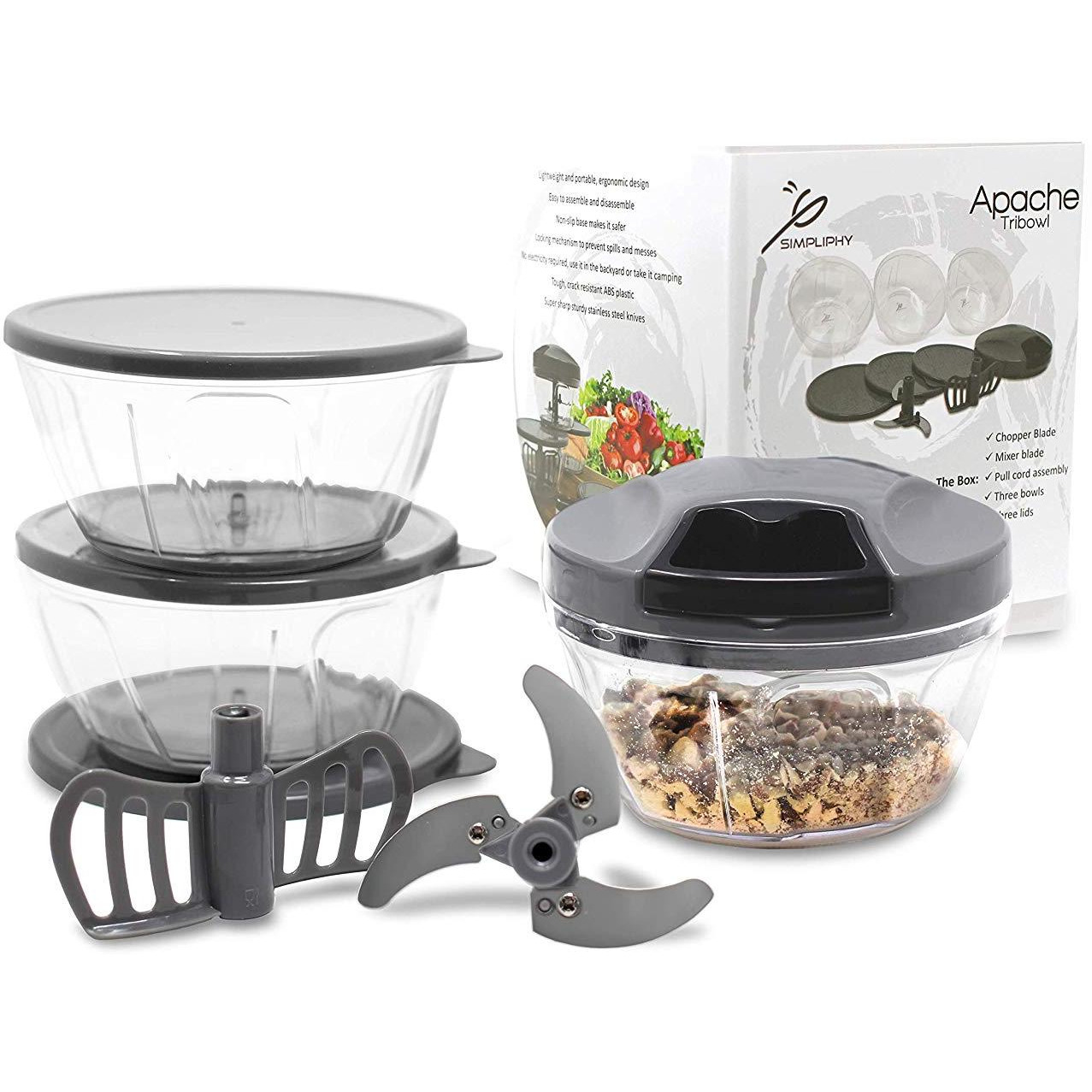 Tribowl Apache, Hand Powered Manual Pull Cord Food Chopper Speedy Crank Chop for Onion, Garlic, Nuts and Vegetables with extra bowls, lids + blender attachment