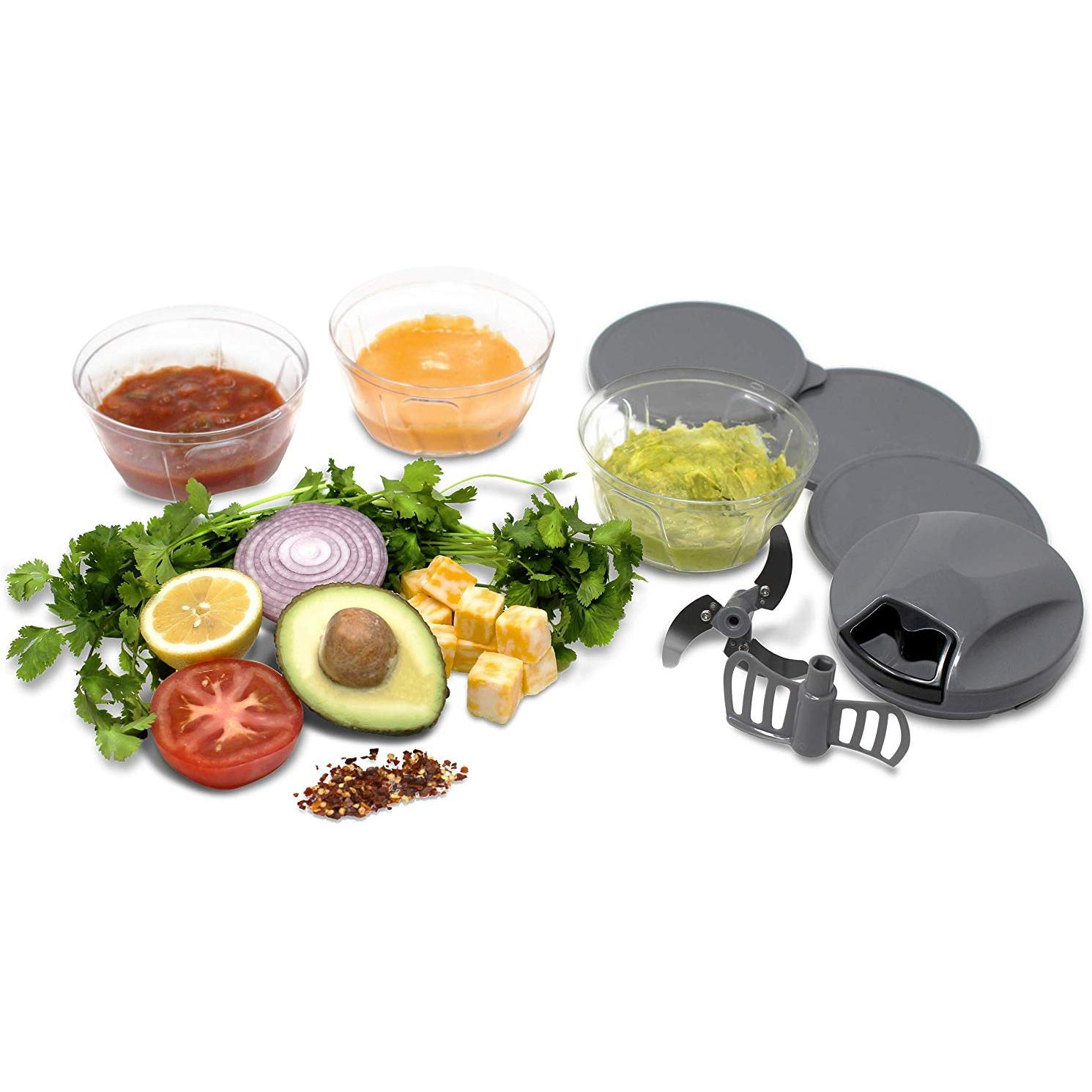 Tribowl Apache, Hand Powered Manual Pull Cord Food Chopper Speedy Crank Chop for Onion, Garlic, Nuts and Vegetables with extra bowls, lids + blender attachment