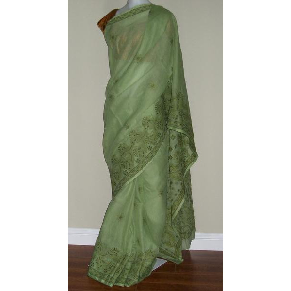 Saree 1687 Green Cotton Lucknavi Lawn Designer Party Wear Sari Shieno Sarees