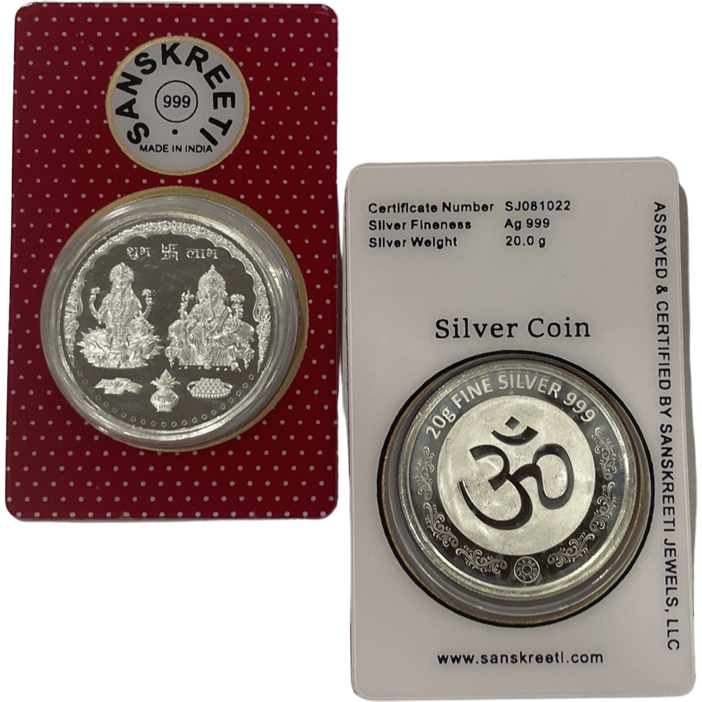 999 Pure Silver Ganesha Lakshmi / Laxmi Twenty Gram Sealed Coin