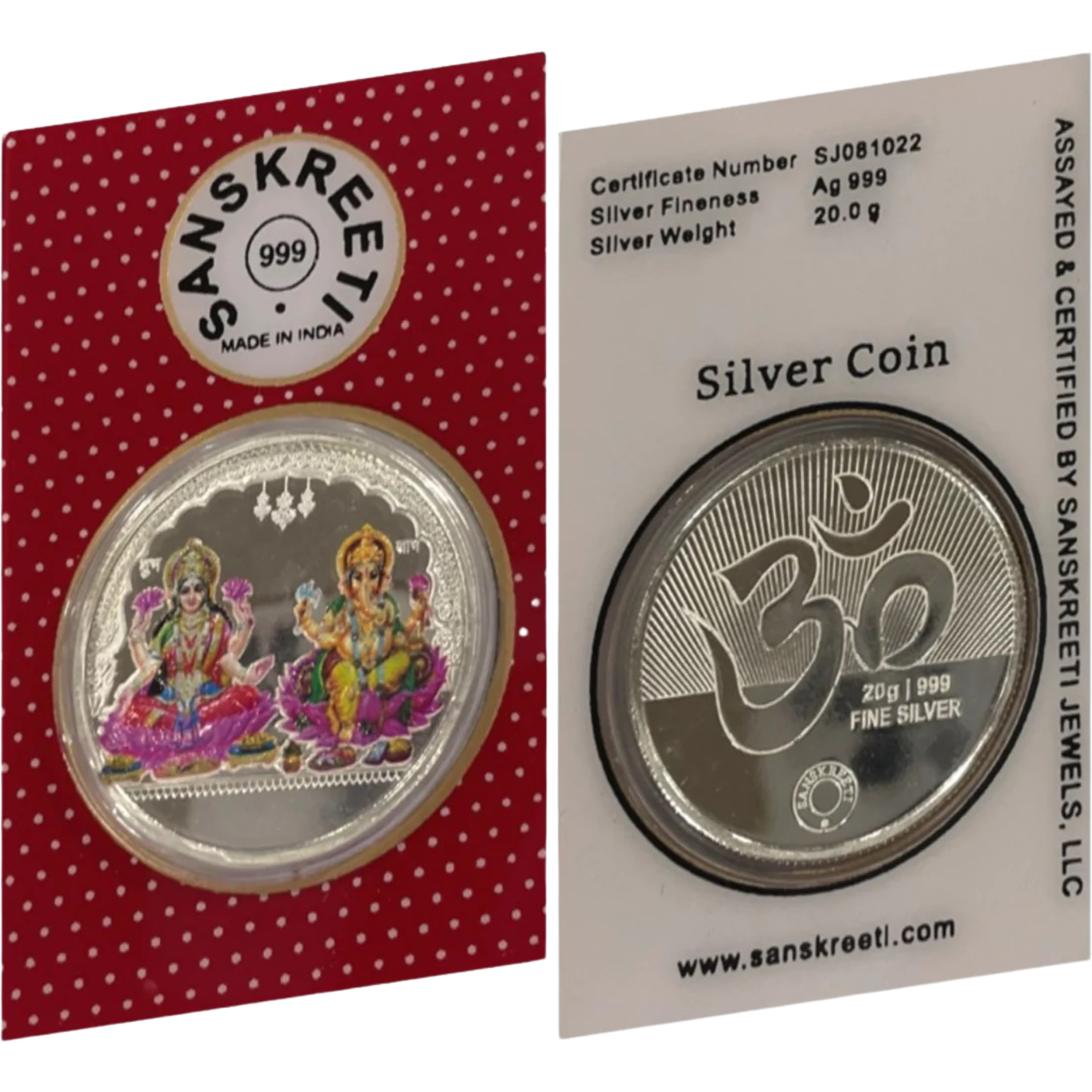 999 Pure Silver Ganesh Lakshmi / Laxmi Twenty Gram Sealed Meena Coin