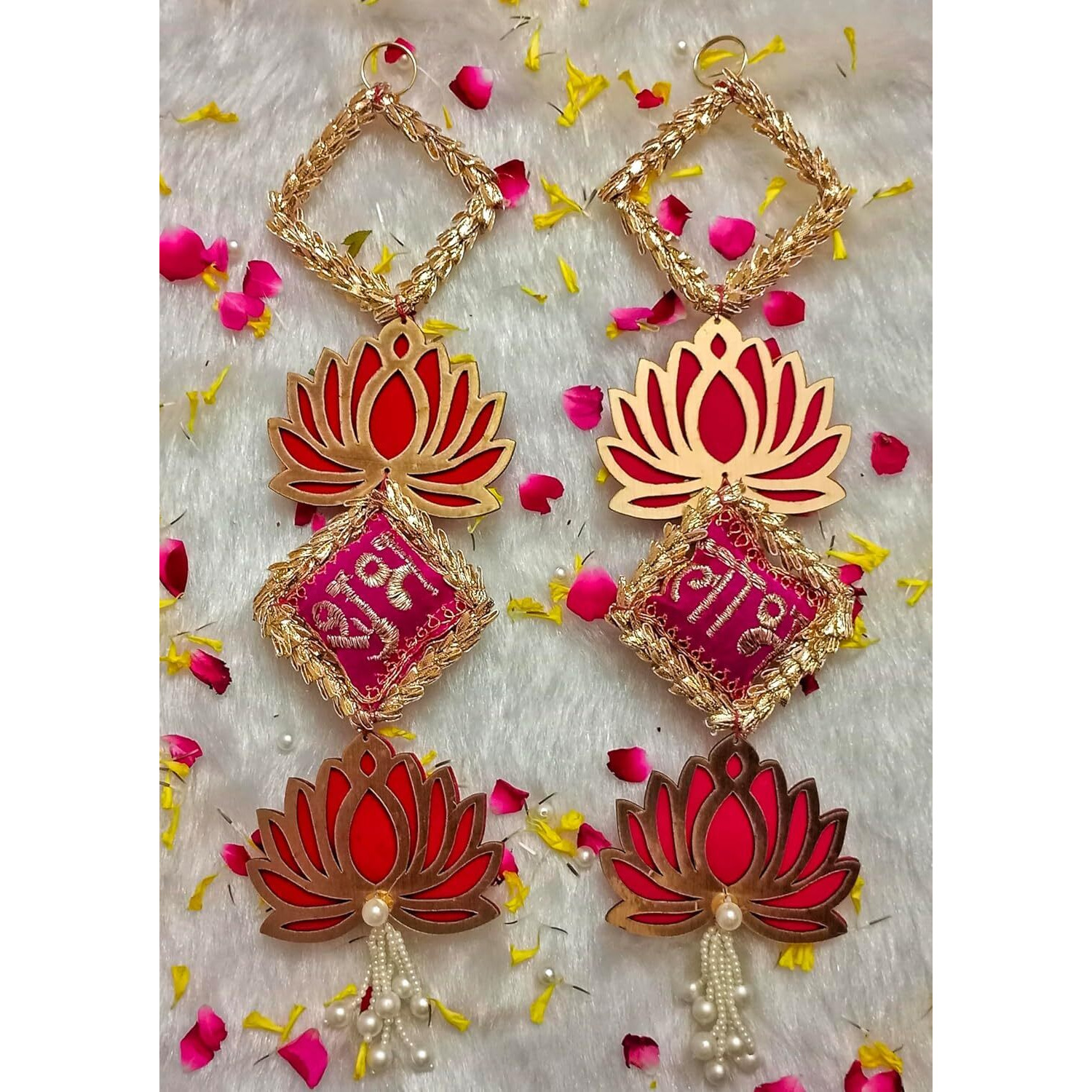 Handmade Lotus Wall Decor with Jhumki Style Hanging - Perfect for Temple/Pooja Decor, Diwali & Wedding - 2 PCS (Lotus Shubh Labh)