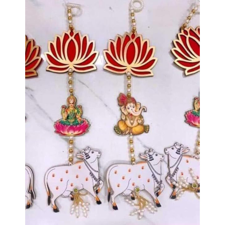 Handmade Lotus Wall Decor with Jhumki Style Hanging - Perfect for Temple/Pooja Decor, Diwali & Festivals - 2 PCS (Lotus Cow)