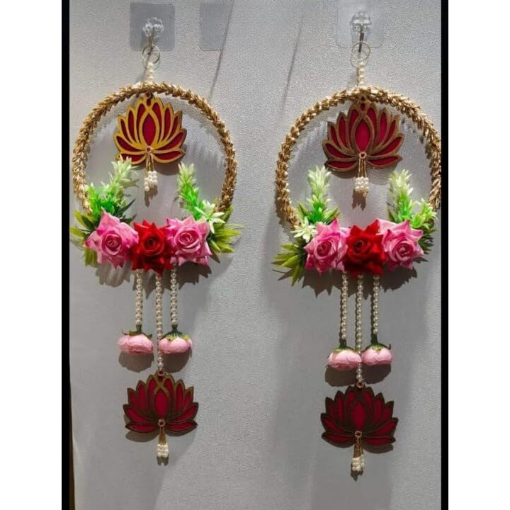 Handmade Lotus Wall Decor with Jhumki Style Hanging - Perfect for Temple/Pooja Decor, Diwali & Wedding - 2 PCS (Flower with Lotus)