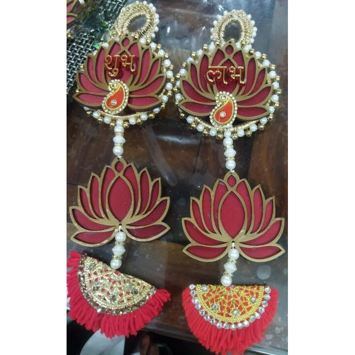 Handmade Lotus Wall Decor with Jhumki Style Hanging - Perfect for Temple/Pooja Decor, Diwali & Wedding - 2 PCS (Lotus-1)