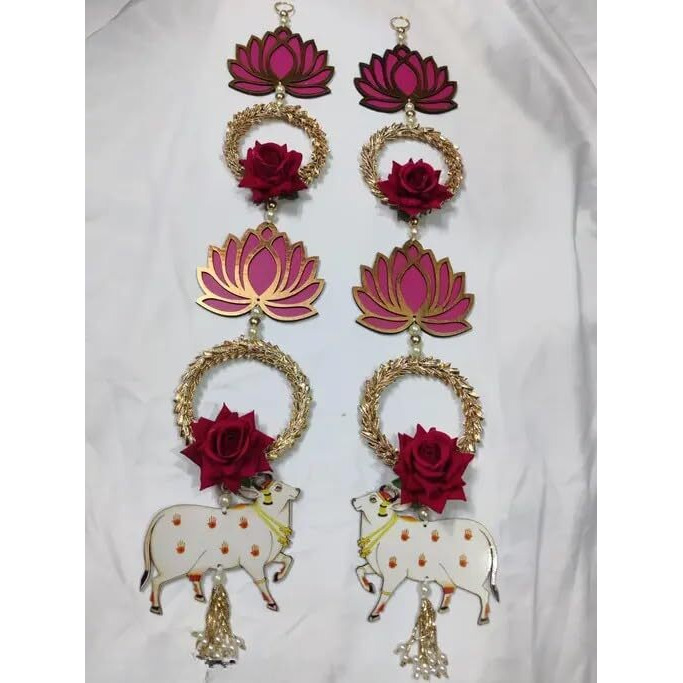 Handmade Lotus Wall Decor with Jhumki Style Hanging - Perfect for Temple/Pooja Decor, Diwali & Festivals - 2 PCS (Lotus Cow - 1)
