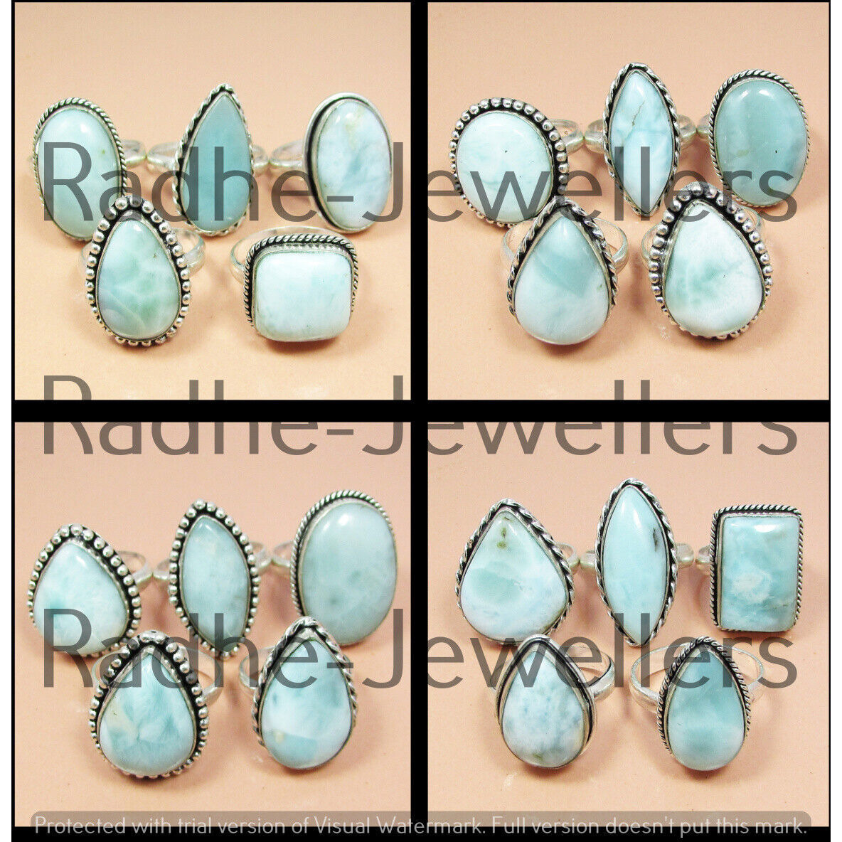 Natural & Solid Larimar 100 pcs Wholesale Lot 925 Sterling Silver Plated Rings