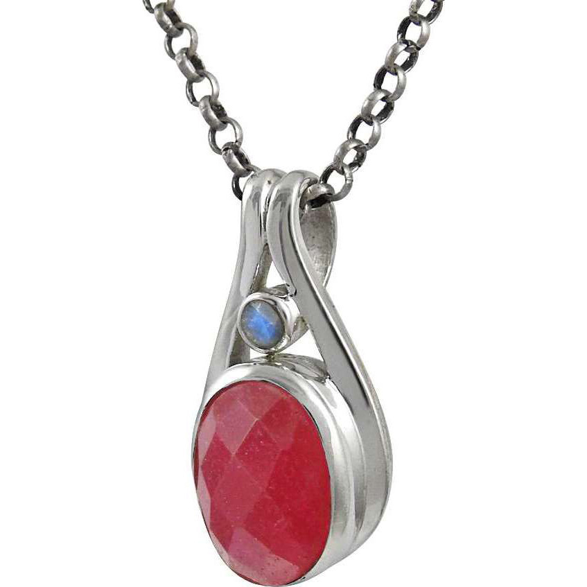 Big Delicate ! Ruby, Rainbow Moonstone Gemstone Silver Jewelry Pendant