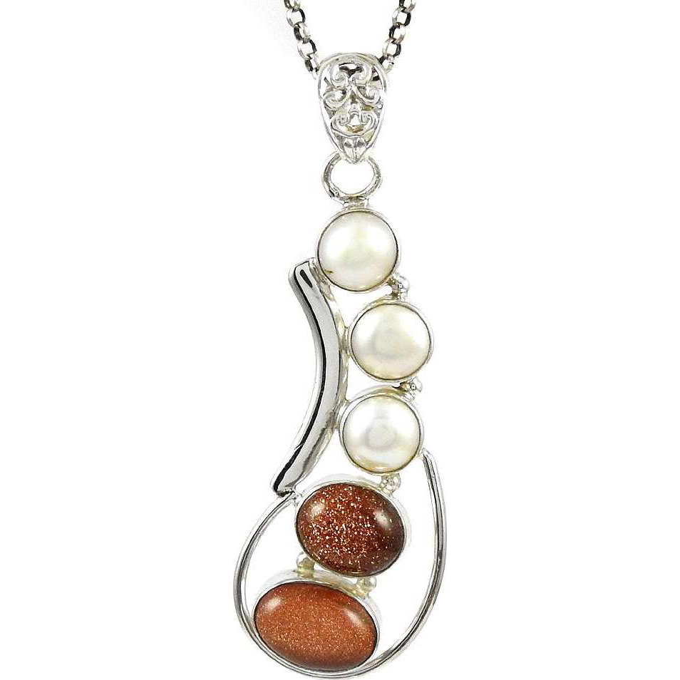 Stylish!! 925 Silver Brown Sunstone, Pearl Pendant