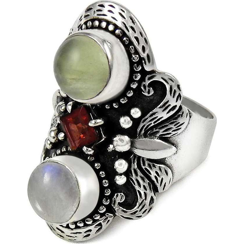 High Work Quality 925 Sterling Silver Garnet, Prehnite, Rainbow Moonstone Ring