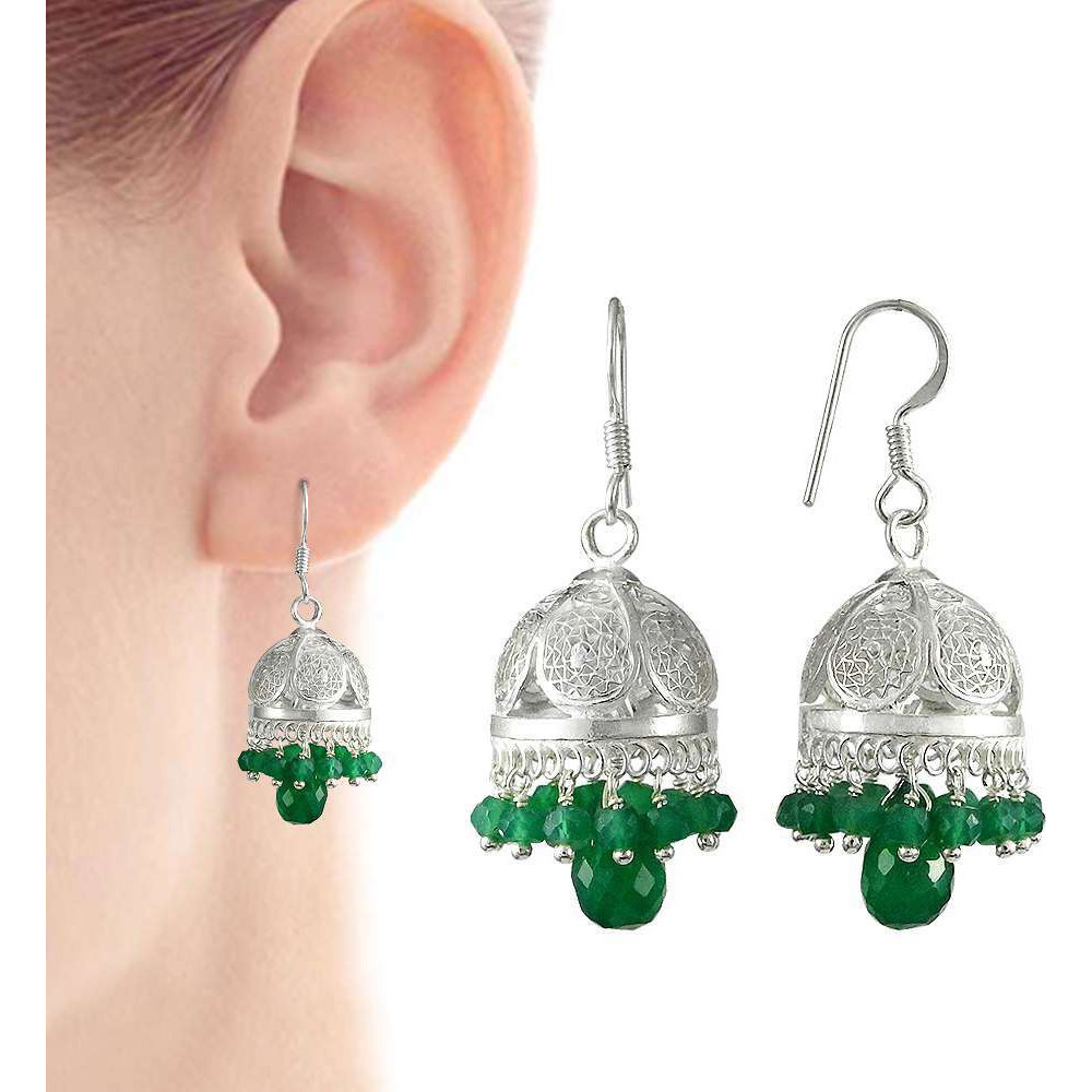 Beautiful Design !! 925 Sterling Silver Green Onyx Jhumki