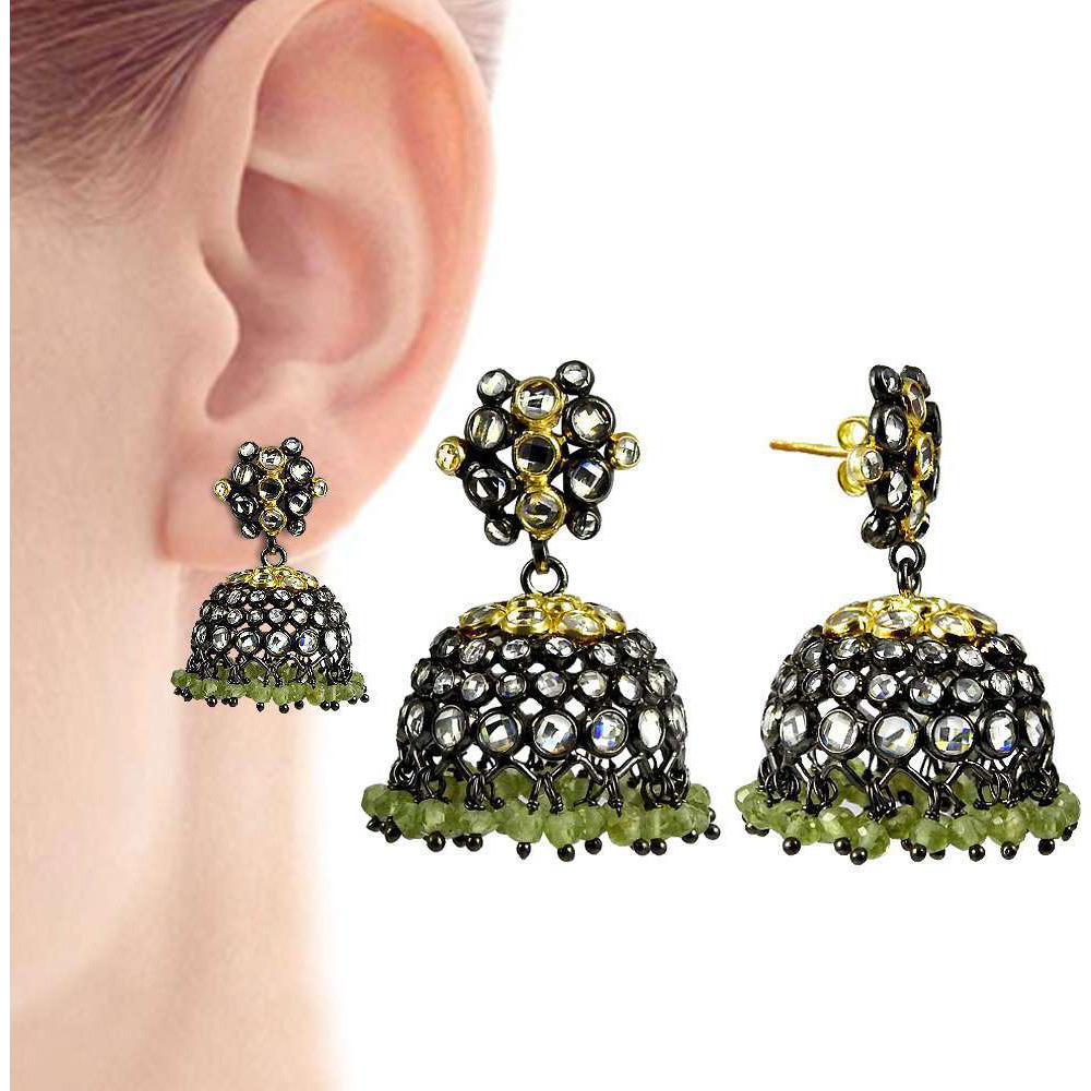 Big Delicate  925 Sterling Silver Prehnite, White CZ Jhumka